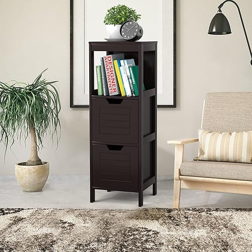 Miniatura 4 de Tangkula Armario de suelo de baño, gabinete de almacenamiento estrecho de madera con 2 cajones conmutables, gabinete lateral multifuncional para