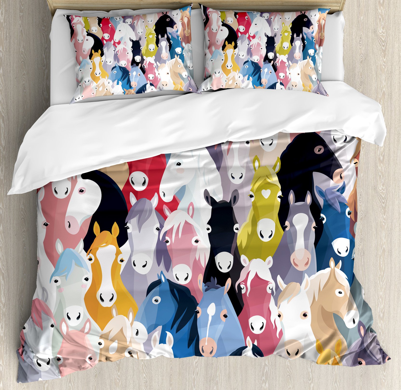 Abstract Home Decor Duvet Cover Set King Size, Pattern with Colourful Cartoon Horses Pony Childhood Childish Artwork, Decorative 3 Piece Bedding Set with 2 Pillow Shams