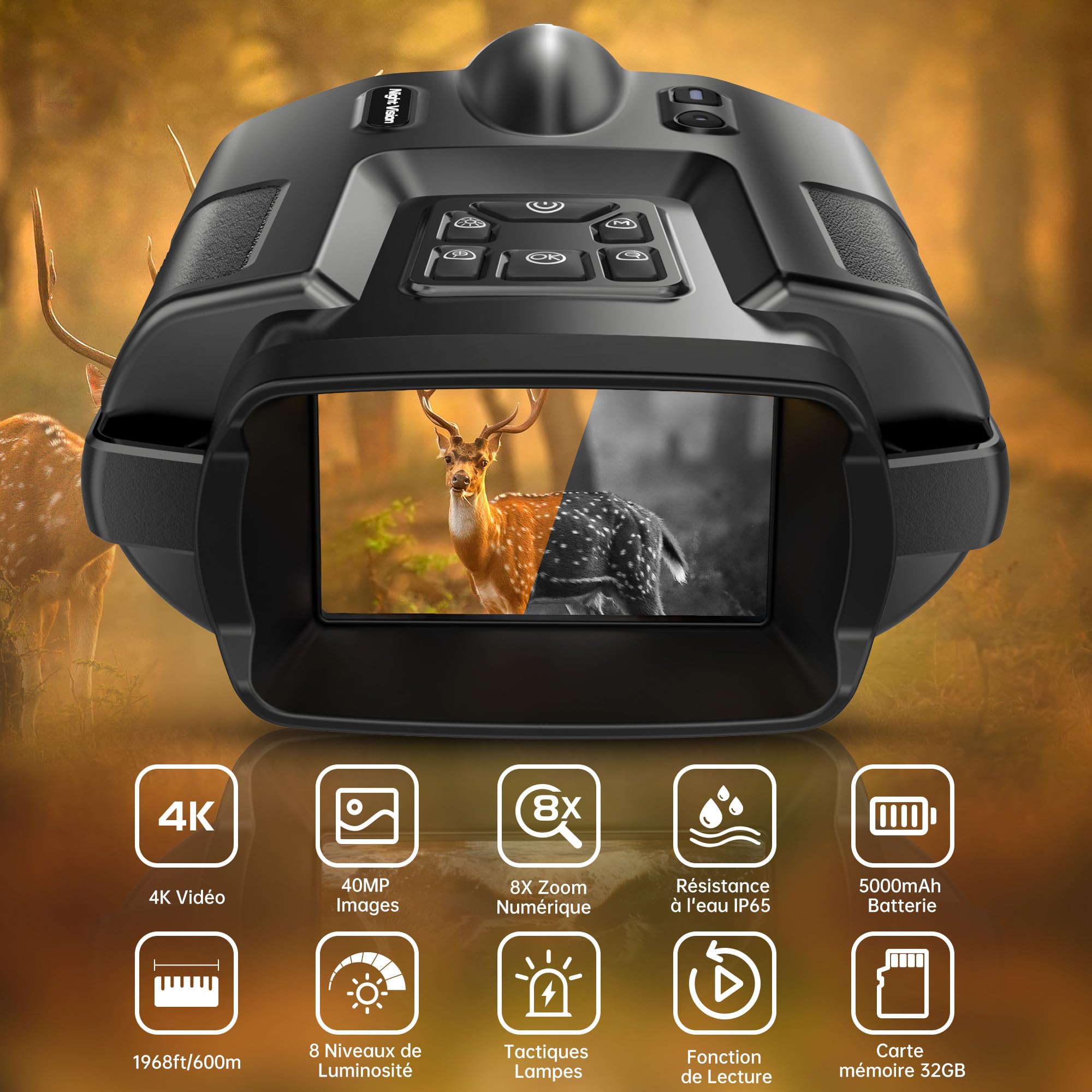 TKWSER Jumelles de Vision Nocturne 4K, Zoom numérique 8X, Batterie 5000 mAh Rechargeable, portée visuelle 600 m, écran TFT UHD de 3", étanche IP65, pour la Chasse, Le Camping avec Carte TF de 32 Go