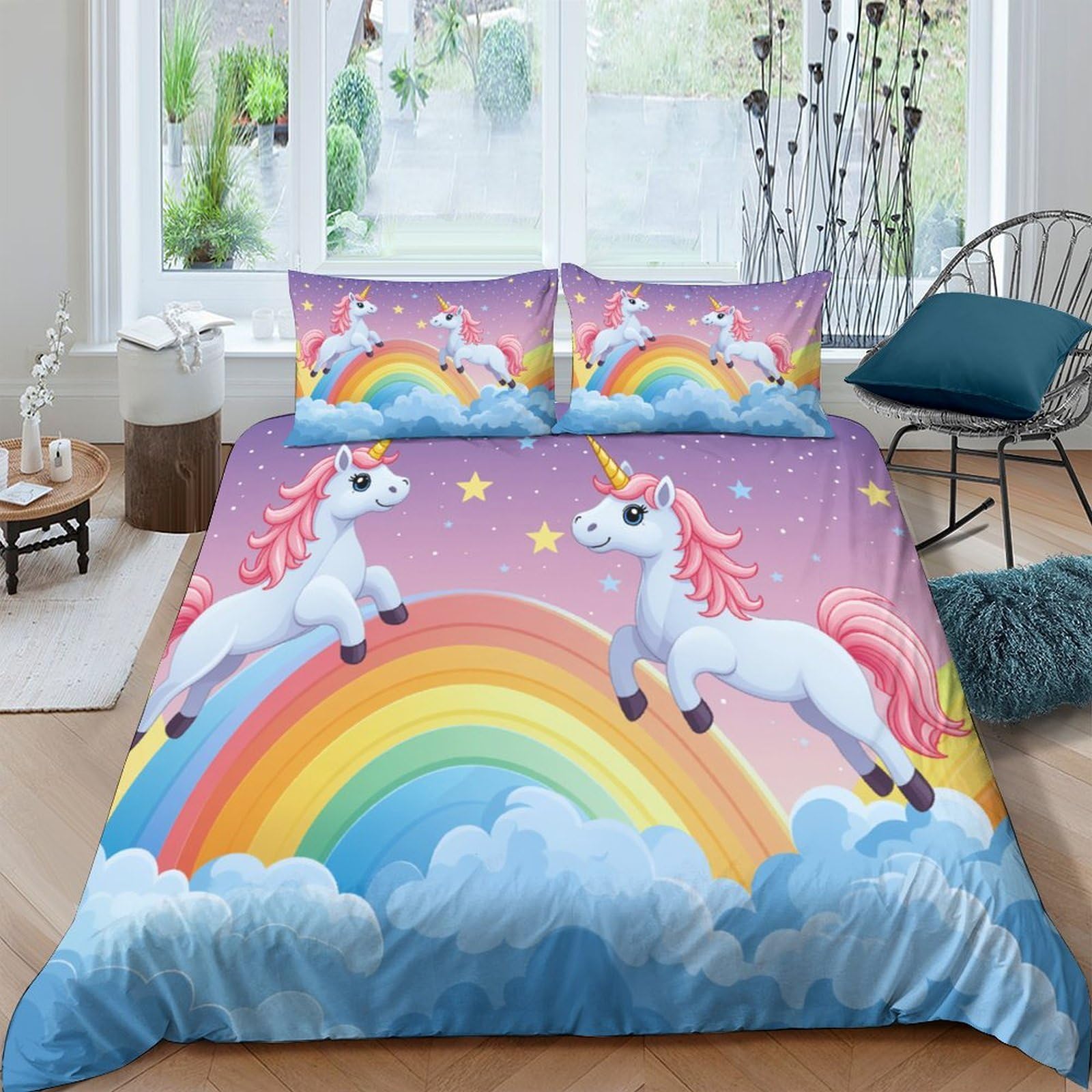 Ctjqhvkz Style-2 3D Printed Rainbow Unicorn Fitted Sheet Microfiber Soft Pink Blue Cloud Mattress Cover For Bedroom Guest Room Dorm Decor Single（135X200cm）