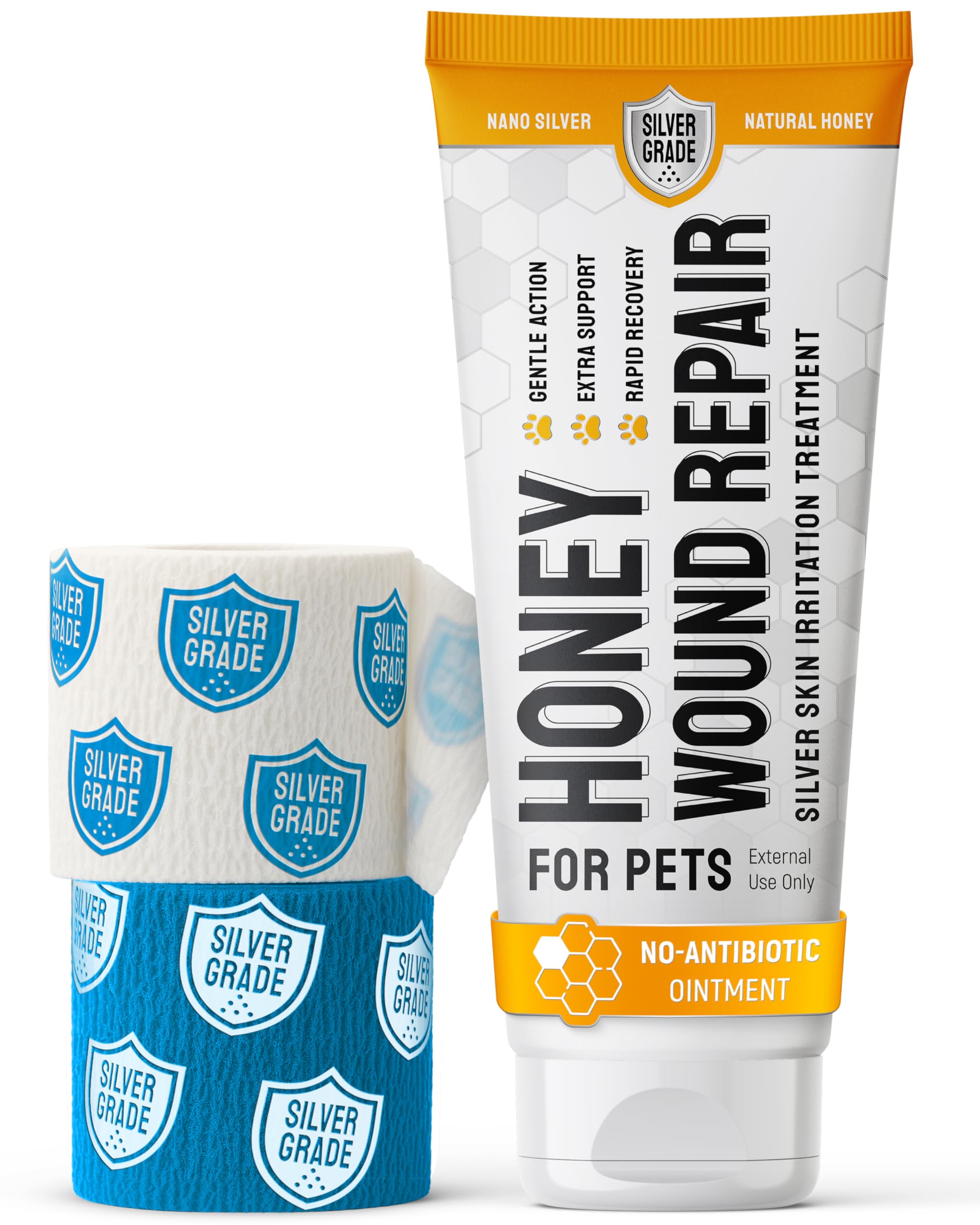 Best Hot Spot Treatment for Dogs &amp; Horses – Dog Wound Care with Silver for Scratches, Sores, Rashes, Irritations – Honey Wound Repair Ointment in Gel Form for Horses &amp; Cats + 2 Bandages – 2 Oz