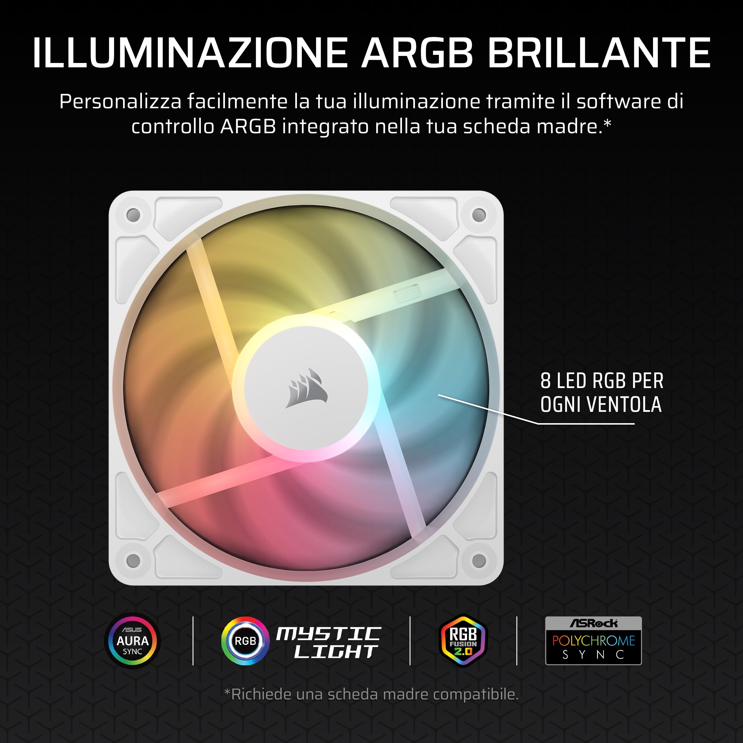 CORSAIR RS120-R Ventole ARGB PWM 120mm Inverse Flow – 3 Pezzi – 8 LED RGB, Connessioni ARGB a +5V, Alta Pressione Statica, Daisy-Chain, Cuscinetto Magnetico, Modalità Zero RPM – Bianco