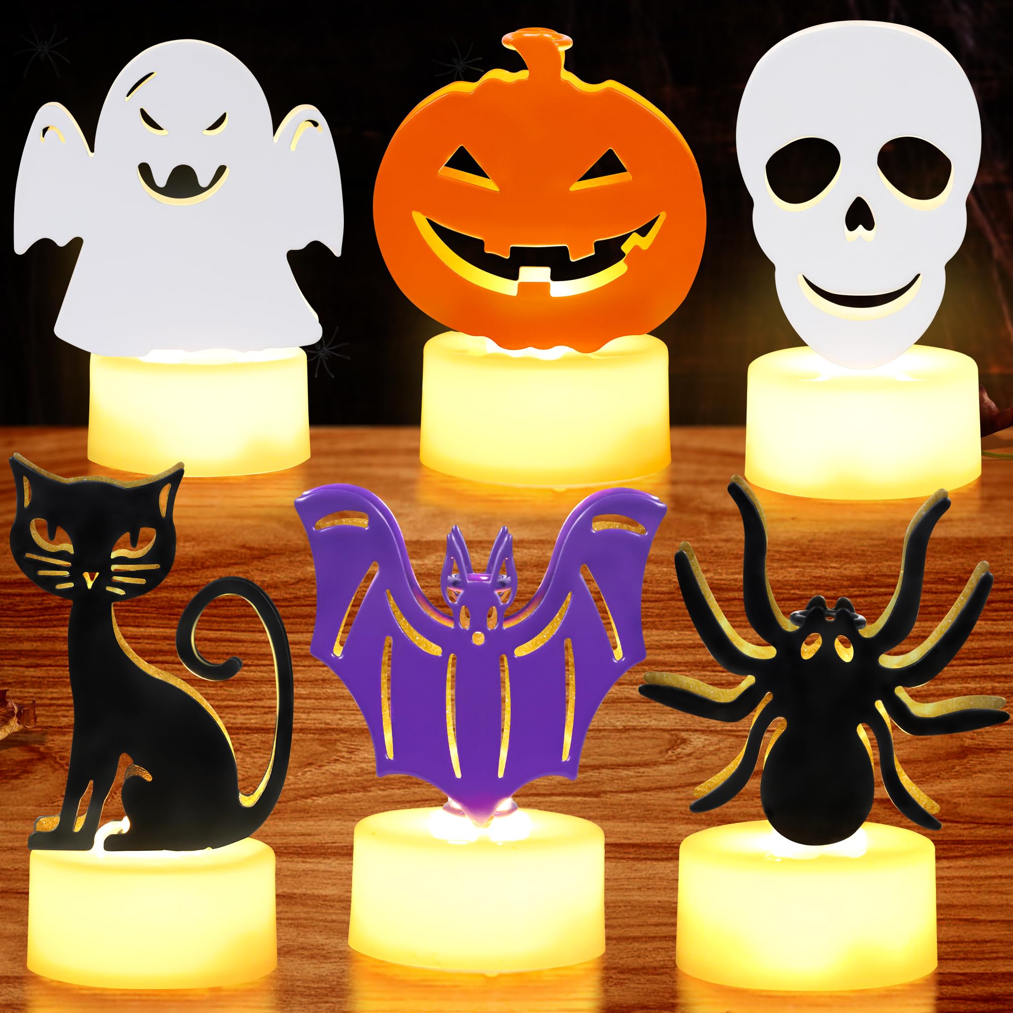 Mosoan Flameless Halloween Tea Lights Candles Battery Operated 6 Pack Pumpkin Ghost Skull Cat Bat Spider LED Halloween Candles - Cute Halloween Decorations Lights Home Indoor Party Decor Kids Gifts