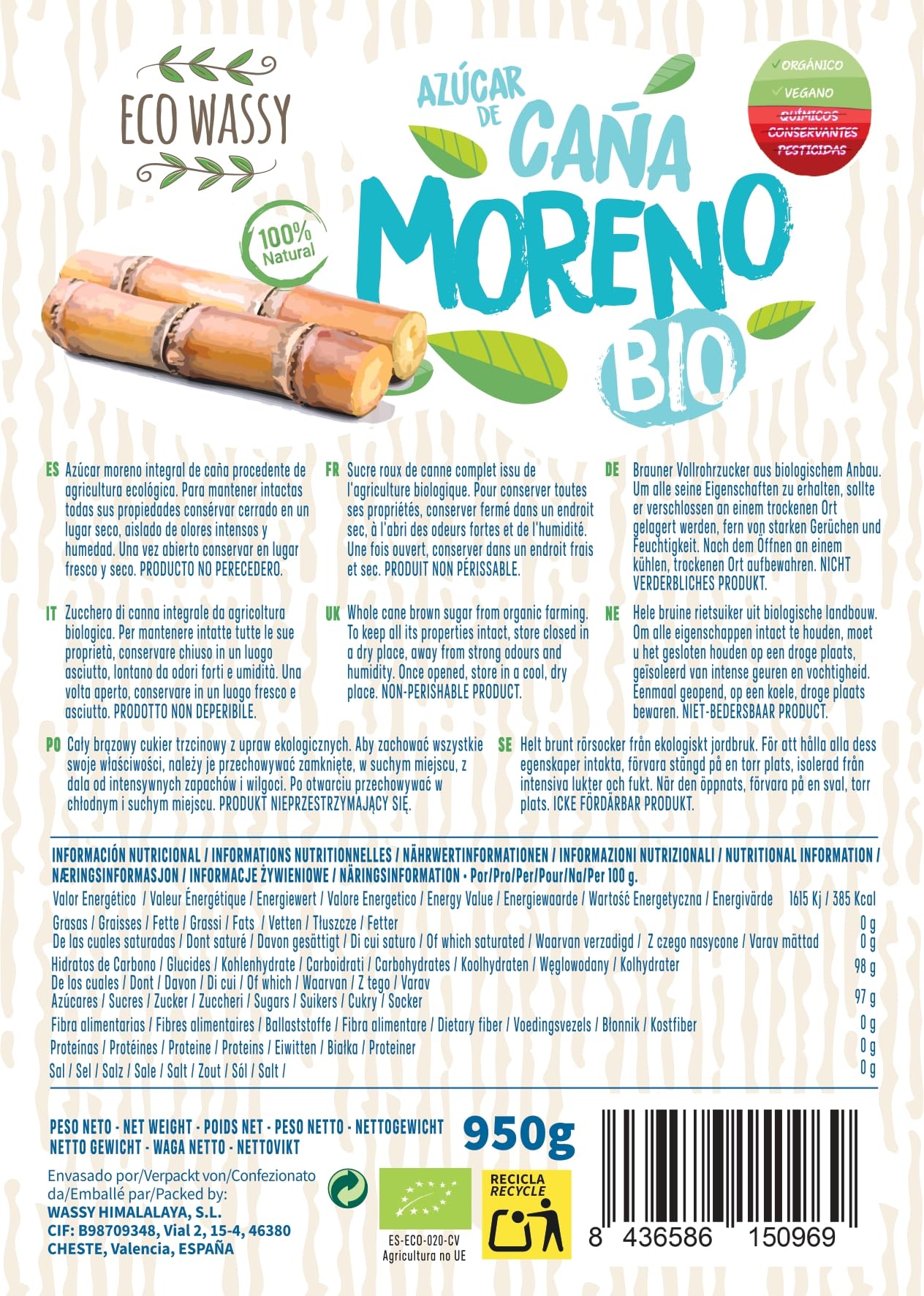 Azúcar Moreno de Caña BIO Endulzante Natural No Refinado Rico en Nutrientes (950Gr)