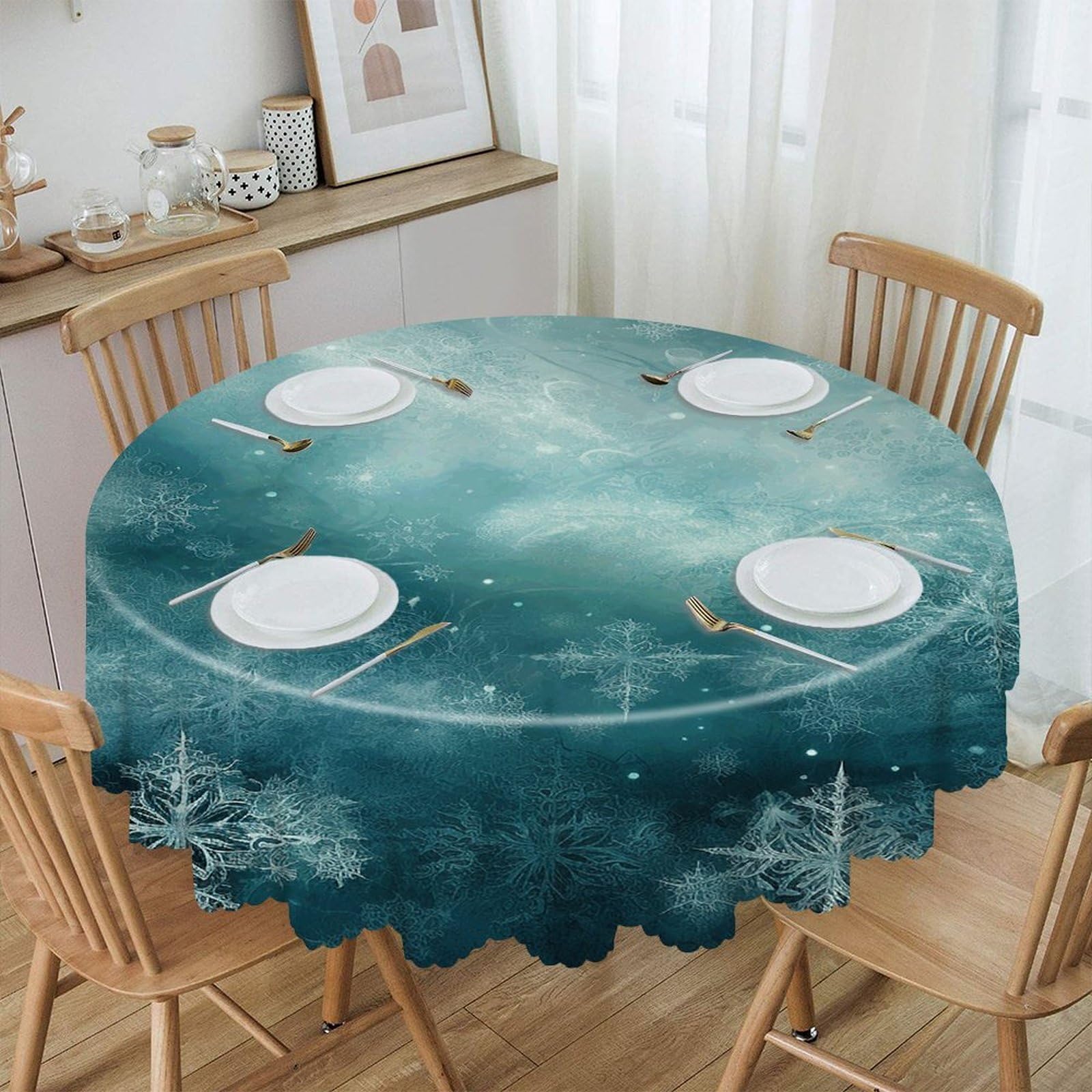 Btcowzrv Style Decorative Snowflakes Polyester Round Tablecloth 59.84 Inch, Decorative Washable Table Cover, Table Cloth For Restaurant Picnic Indoor And Outdoor Dining