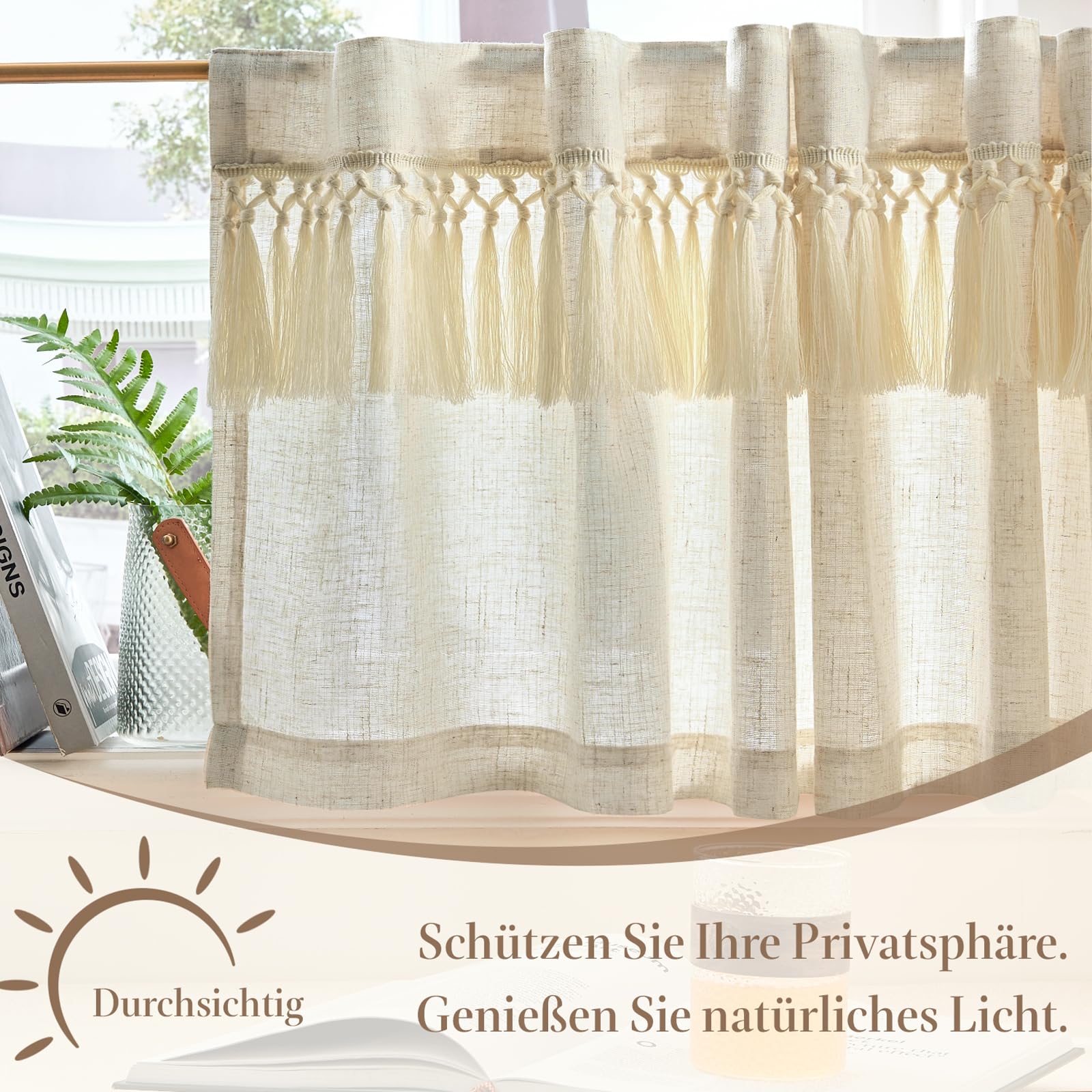 TOPICK scheibengardinen landhausstil küchengardinen leinenoptik Wohnzimmer bistrogardinen Lichtdurchlässig Beige Gardinen Kurz 1er Set H90xB125 cm