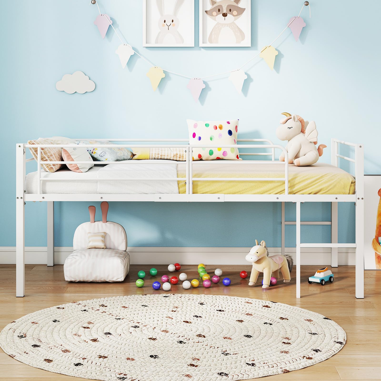 COSTWAY Hochbett 90x200 cm, Kinderbett mit Sicherheitsgeländern & 2 Leitern, Kinderhochbett platzsparend mit Stauraum unter dem Bett, Bettrahmen für Jungen & Mädchen (Weiß)
