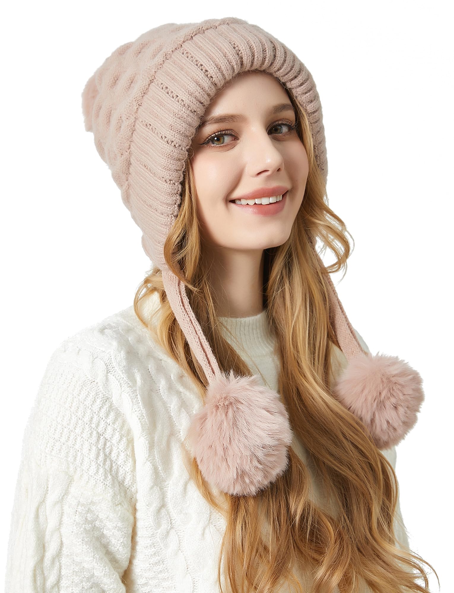 SEAUR Bonnet d'hiver souple pour femme avec doublure en polaire - Cagoule chaude - Avec cordon de serrage, B rose., taille unique