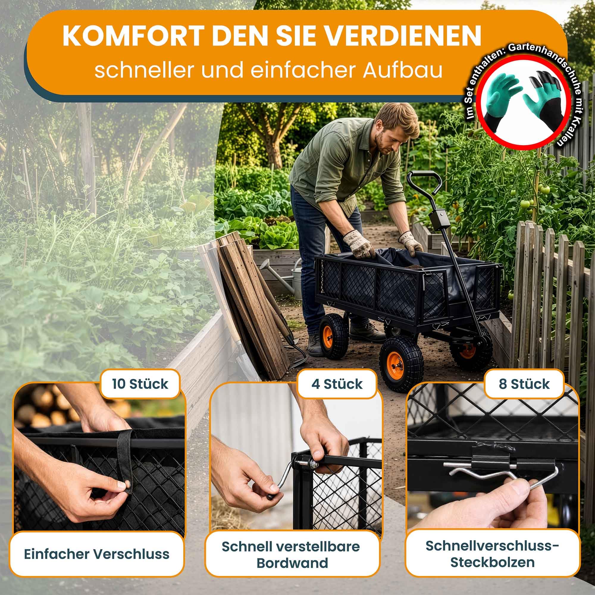 DreamRoots Gartenwagen Bollerwagen, 400 kg, 70 L, faltbar, Klein Schwarz | Transportwagen, Handwagen, 4 Luftreifen, abnehmbare Mesh-Seitenwände, Anhänger für Rasentraktoren