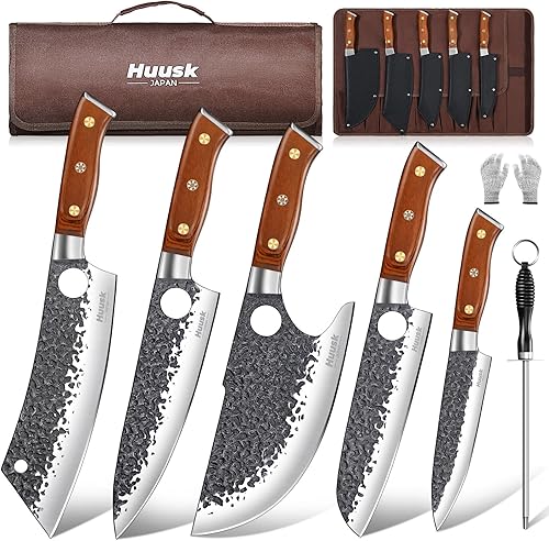 Huusk Juego de cuchillos de carnicero, 8 cuchillos de chef vikingo con bolsa de rollo, cuchillo vikingo forjado de acero de alto carbono, cuchillo