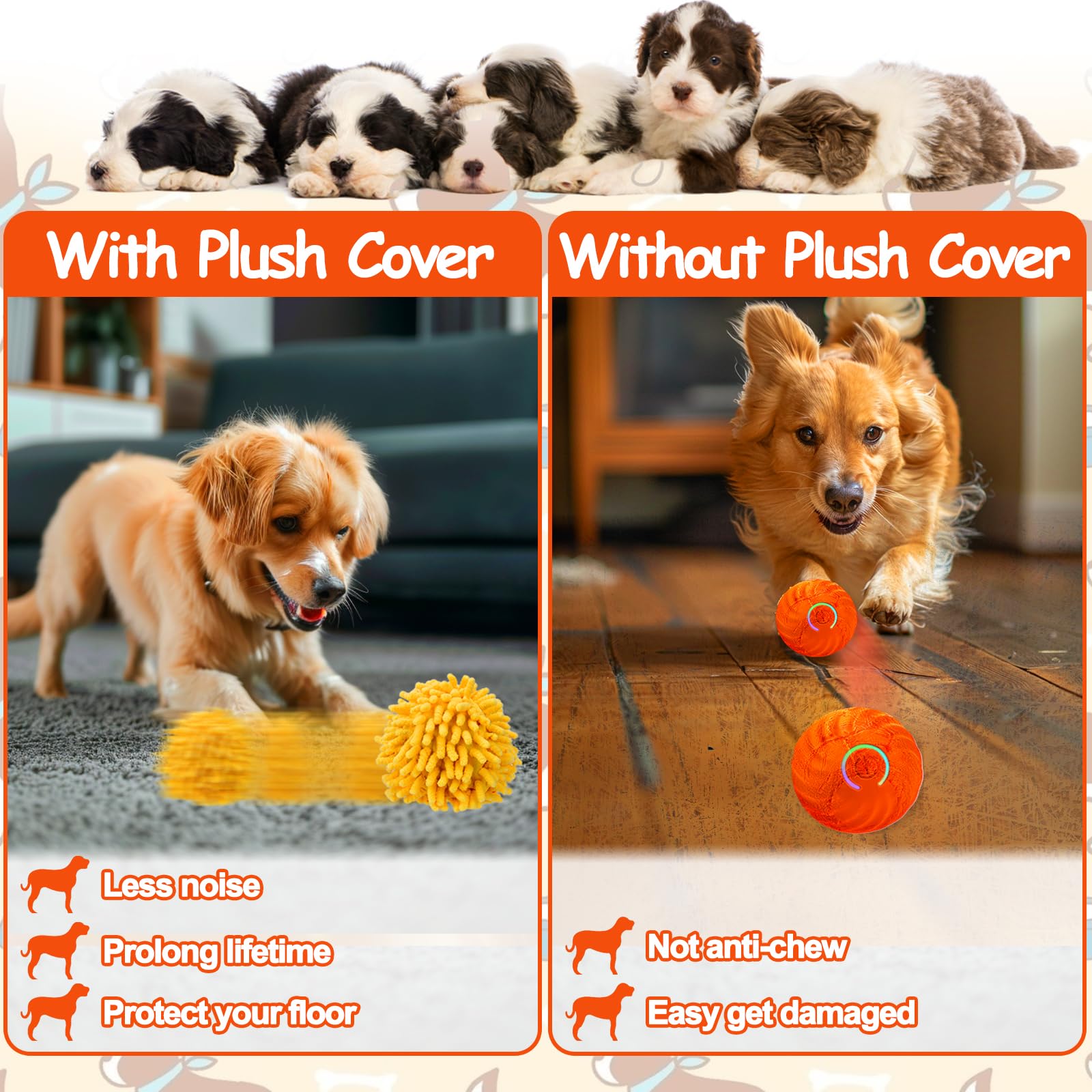 Balle interactive pour chien, balle auto-roulante pour chien avec housse anti-mastication pour petit/moyen/grand, jouet actif pour enrichir les chiens, jouets activés par le mouvement qui bougent sa