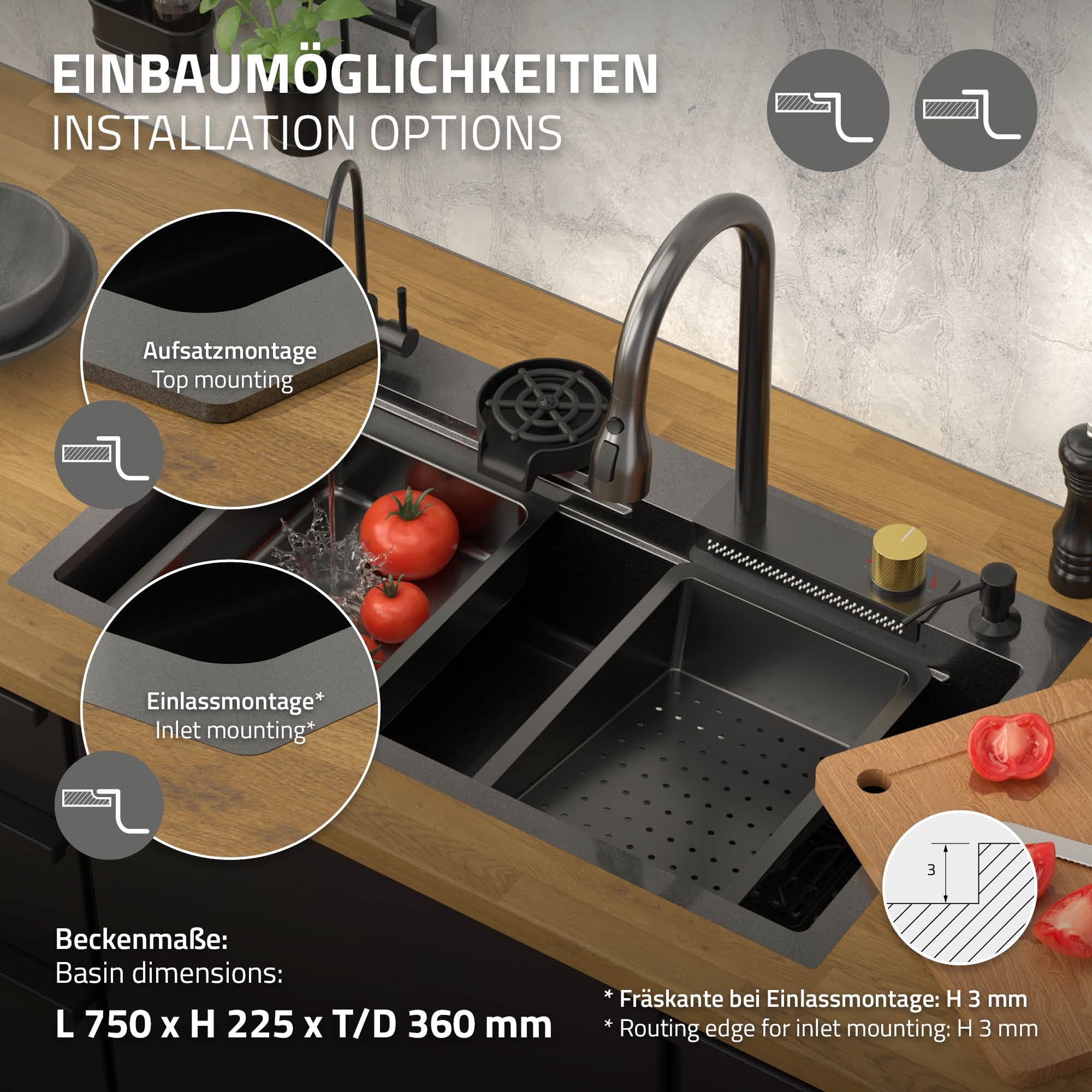 ML-Design Évier Multifonction Inox 80x46 cm Anthracite, Évier de Cuisine Encastré Rectangulaire, avec Robinet avec Douchette Extractible Distributeur de Savon et Autres Accessoires, 1 Bac Lavabo