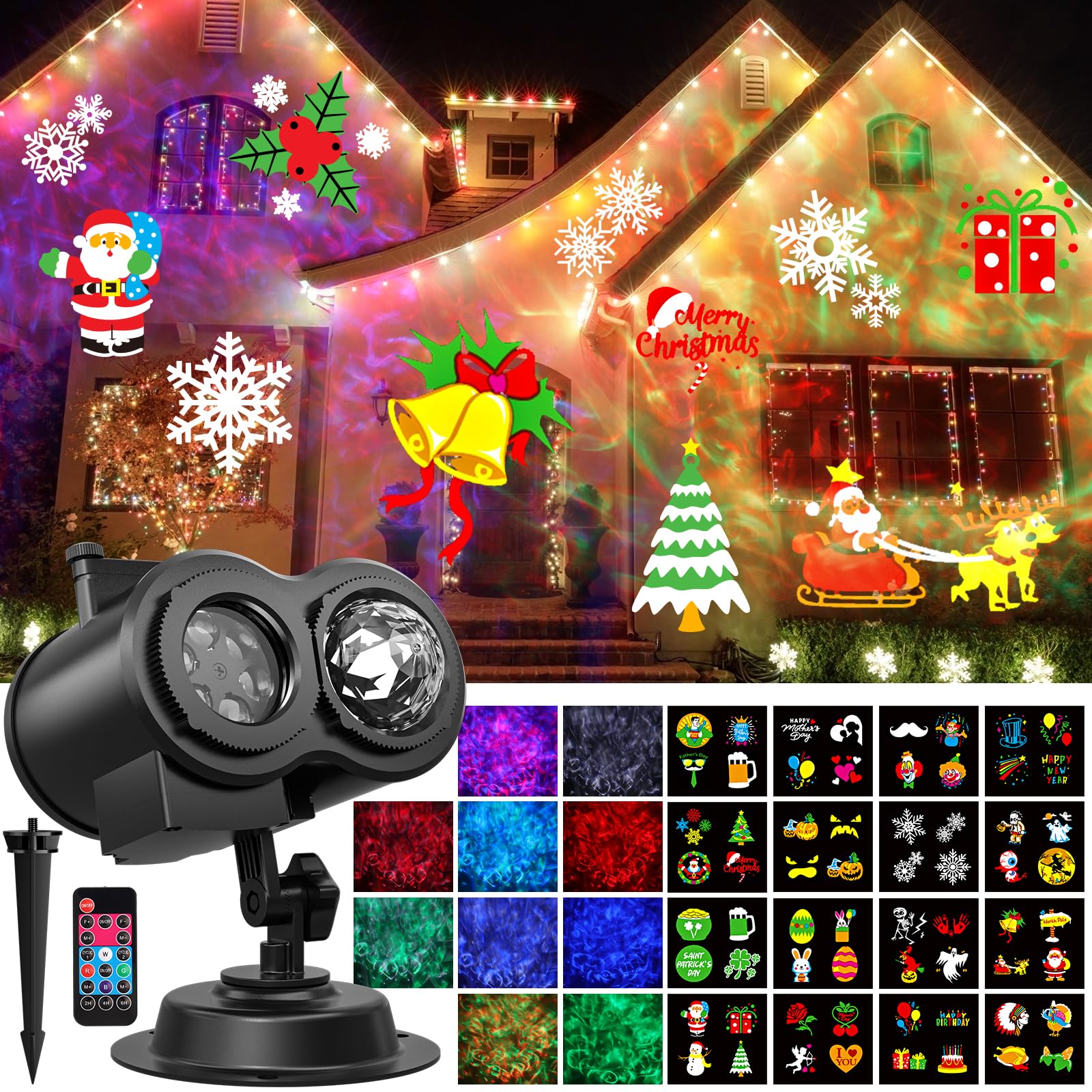 OUSFOT Proiettore Natale Esterno, Proiettore Luci Natale per Esterno 16 Diapositive 4 colori di Increspature Dell'acqua, con Funzioni di Temporizzazione e Controllo Remoto, Natale, Feste