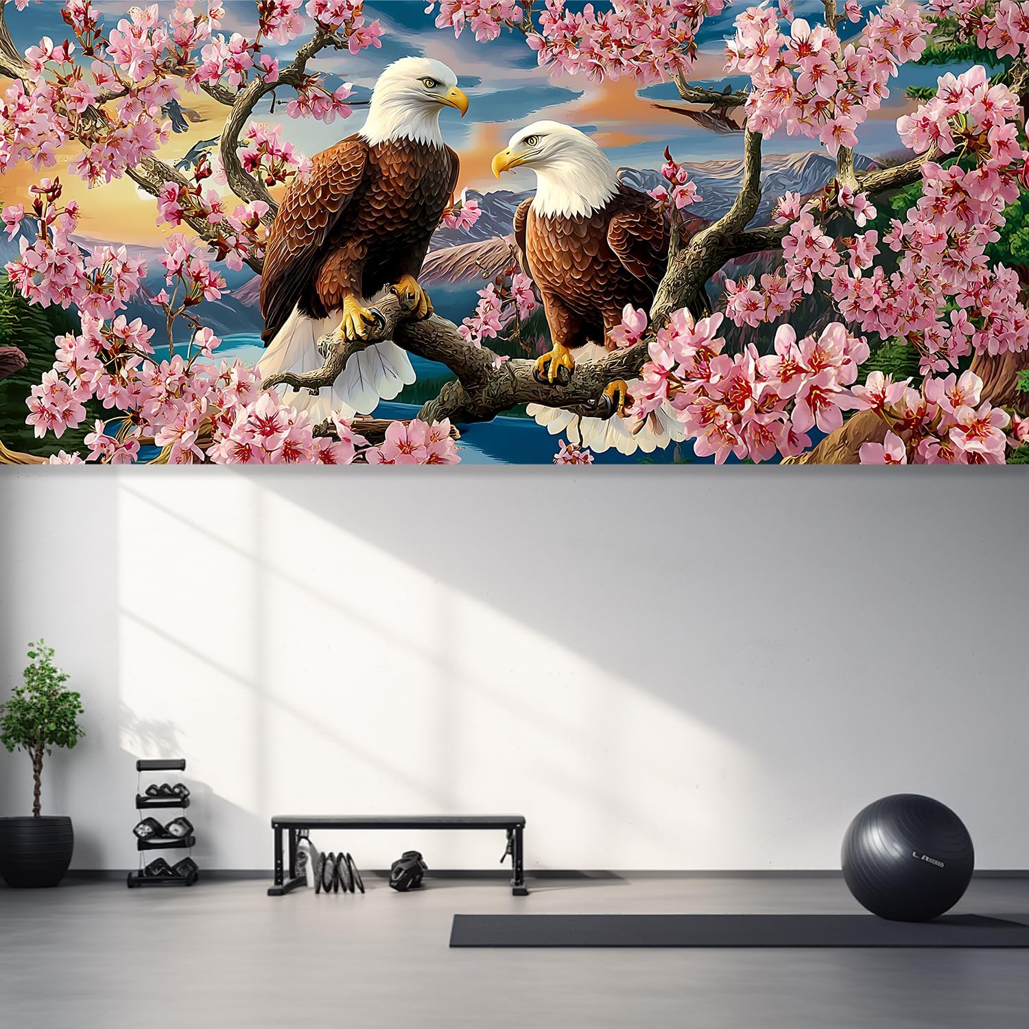 13x6 ft Eagle Cherry Blossoms Garage Door Banner - Bald Eagle on Flowering Branch Backdrop, Hanging Garage Decorations - for Memorial Day Patriotic Spring Background Sign, Outdoor Wall Decor