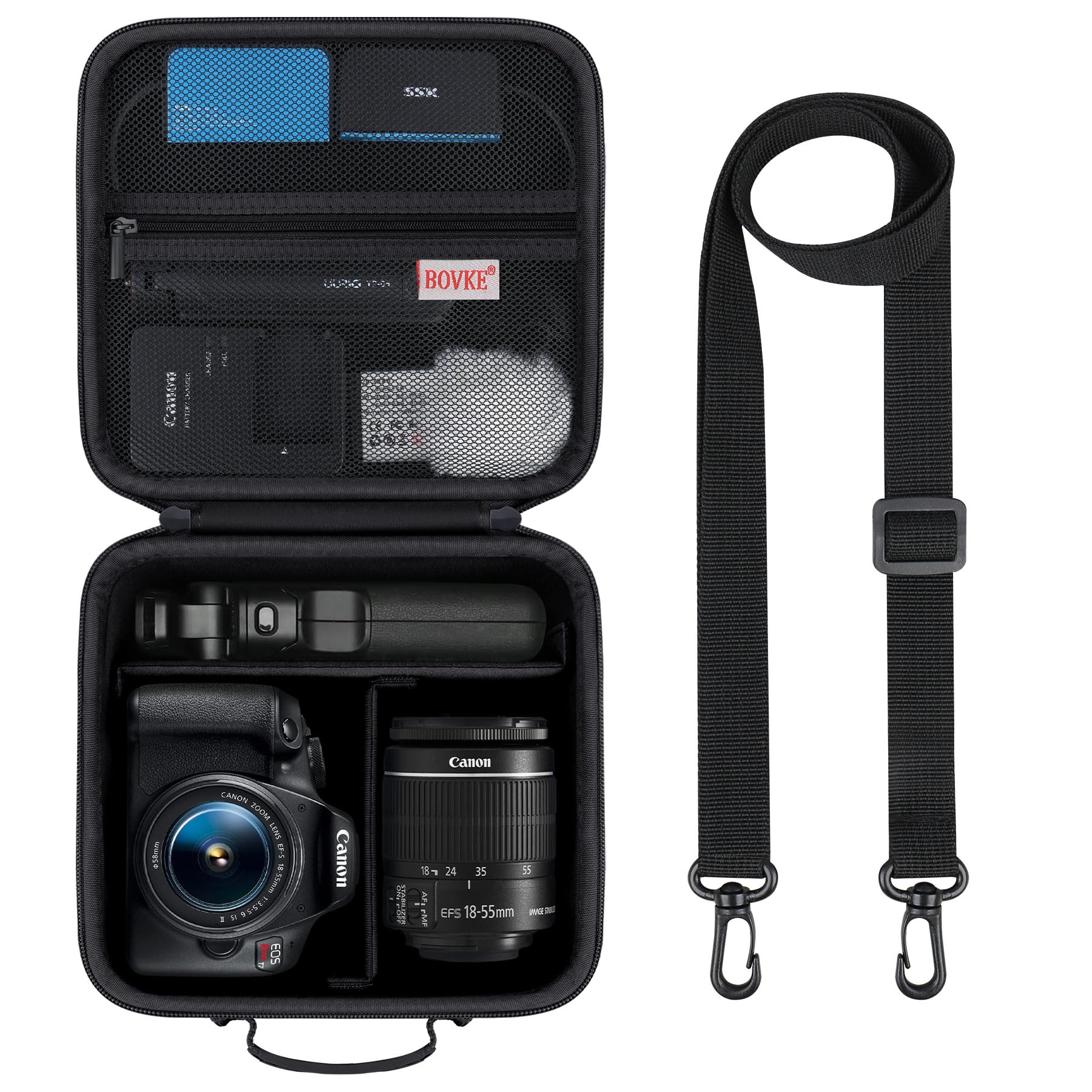 BOVKE Viaje Estuche para Canon EOS 2000D / 4000D /250D / R6 Mark II / R8 / R10 / R100 Cámaras y Otras cámaras SLR DSLR, Objetivo Extra y trípode con divisores y Correa de Hombro, Negro
