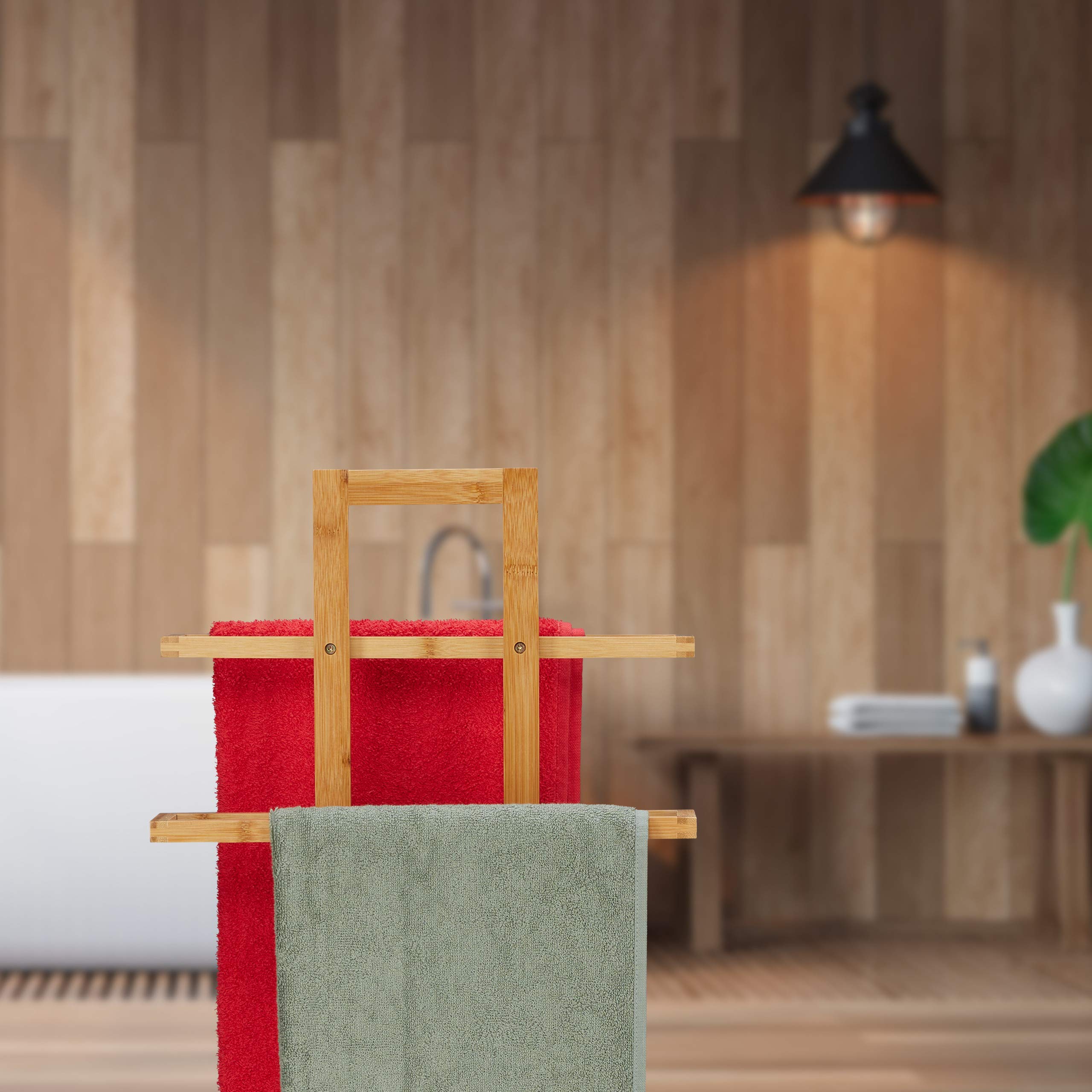 Relaxdays Toallero de Pie, Soporte Toallas Bambú, 2 Brazos, Tendedero Baño Madera, 88 x 35,5 x 23,5 cm, Marrón Natural