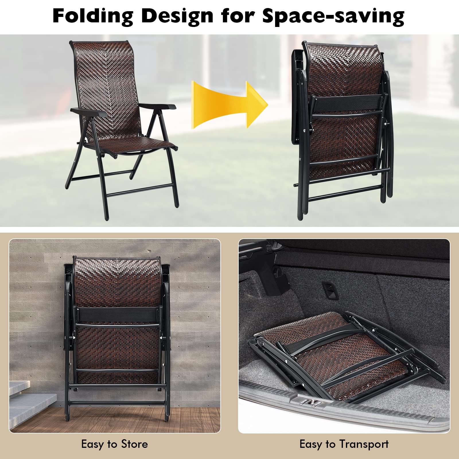 GIANTEX Set di 2 sedie da giardino in rattan con schienale regolabile, sedia pieghevole da giardino, sedia da pranzo, ergonomica, con braccioli, per giardino, balcone