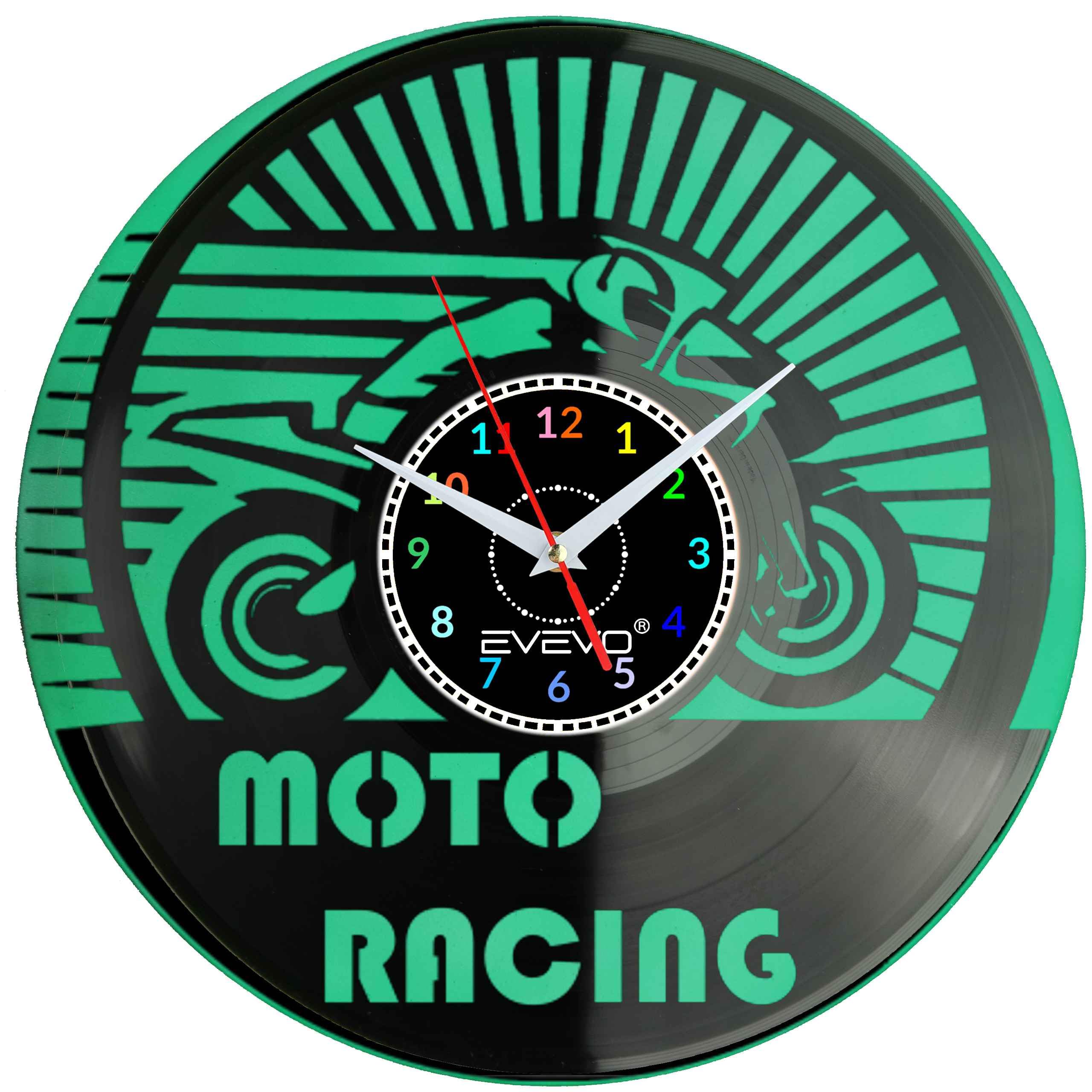 MOTOR MOTOCYKL MOTO RACEING ZEGAR ŚCIENNY FLUORESCENCYJNE TŁO PŁYTA WINYLOWA PREZENT UPOMINEK URODZINY GIFT SOUVENIR EVEVO F0055