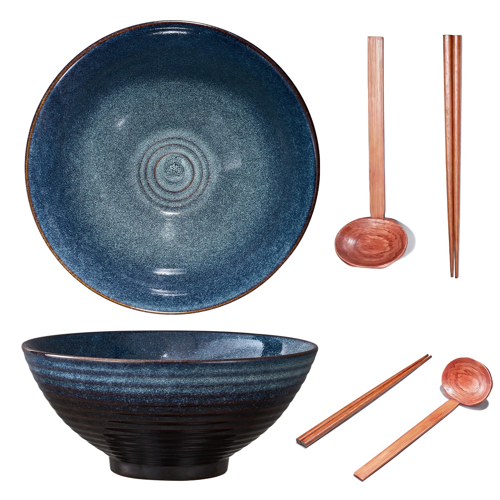Yuecda 2 Sets 8 Inch Ceramic Ramen Bowl Set of 2, 40oz Japanese Bowls with Spoons & Chopsticks,Durable,Microwave & Dishwasher Safe,Perfect for Ramen,Pho,Salad,Soup,Noodles，Mixing Bowls（Sky Blue）
