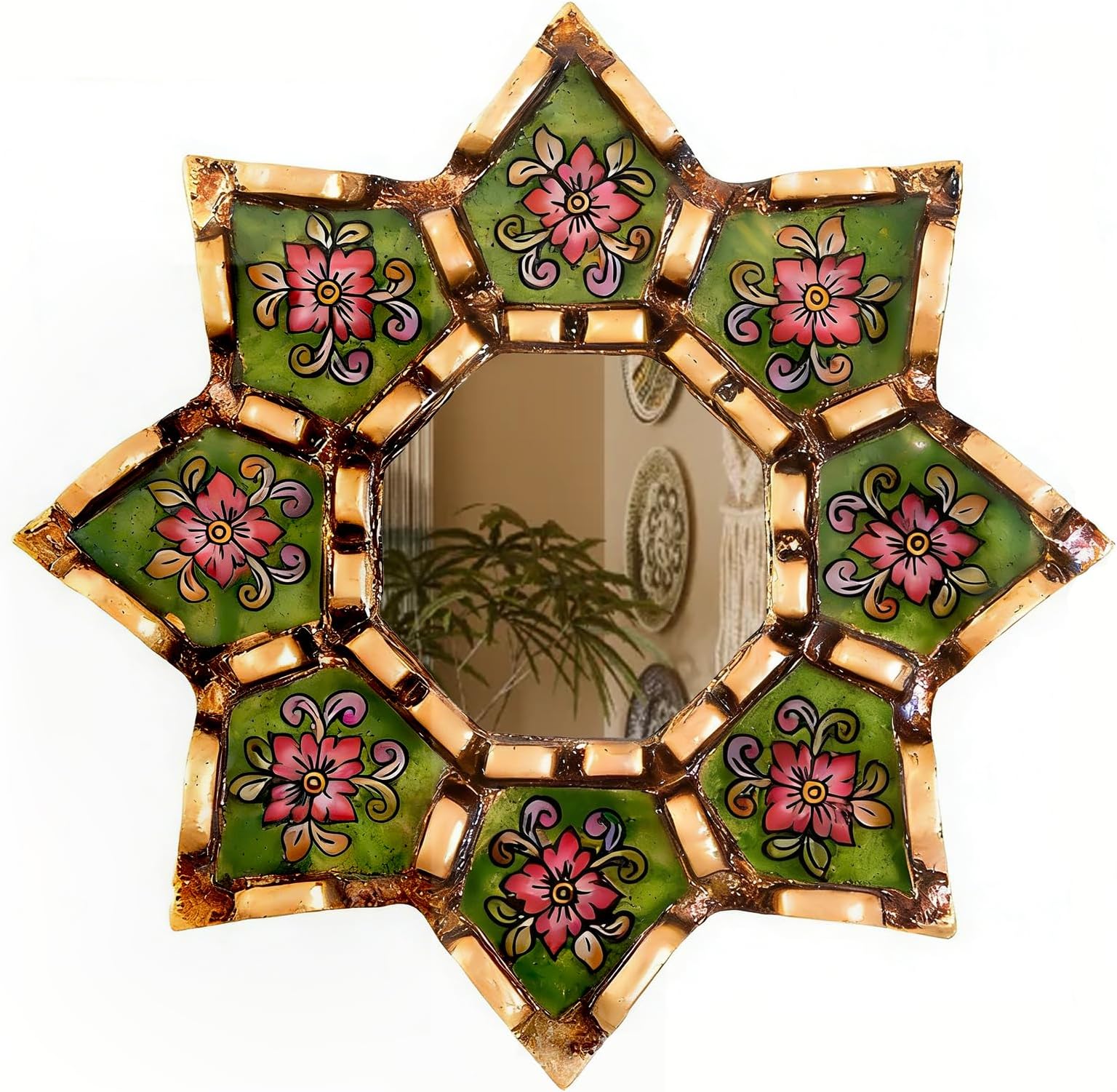 Peruvian starburst mirror Decorative Wall Mirror 11.8 Inch 2D Pattern Mirrors Small Decorative Mirrors for Living Room, Boho & Moroccan Style Mirror Wall Art with Wood Frame, Vintage Home Decor