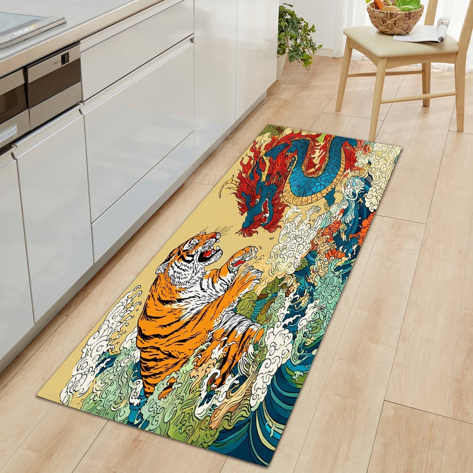 Tapis 90x180 cm, Motif Dragon et Tigre Chinois, Lavable, pour Salon ou Chambre, Style Asiatique, Motif Vagues Marines japonaises, Fin et antidérapant