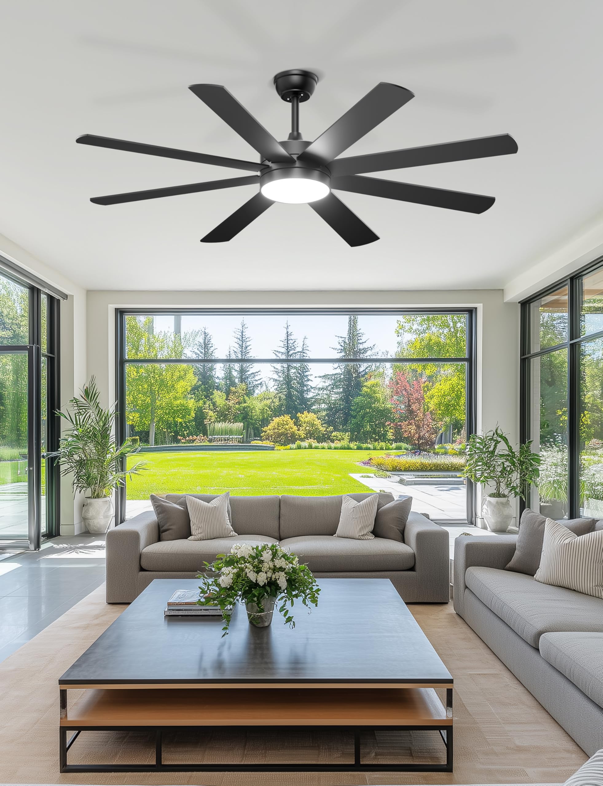 Ohniyou Ventilatore da Soffitto da 152 cm con Luce, Silenzioso, Ventilatori da Soffitto Moderni con Telecomando/app, Luce Regolabile, Motore DC Reversibile per Soggiorno Terrazza Interni Esterni, Nero