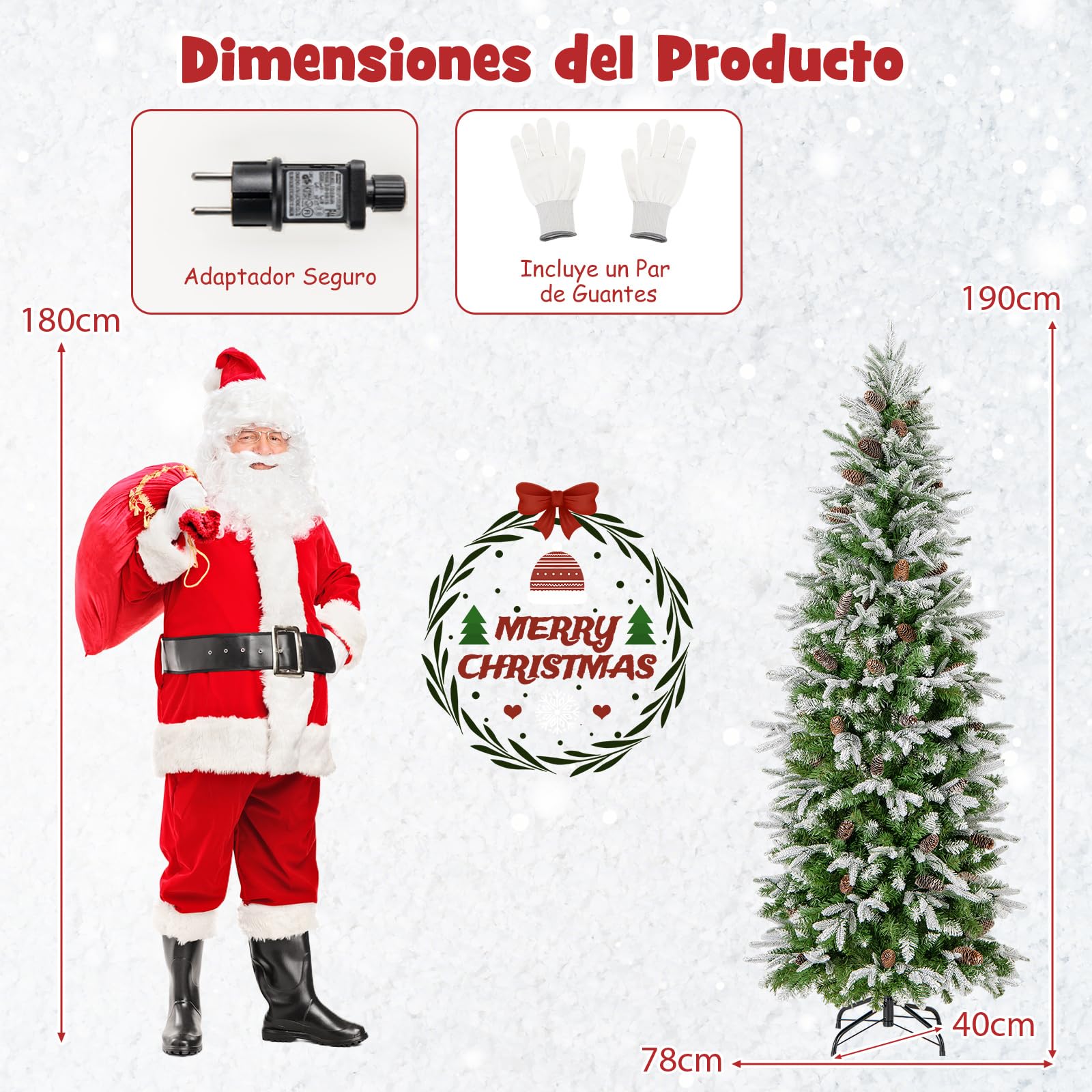 COSTWAY Arbol de Navidad Nevado 190 cm, 280 Luces Incorporadas, Arbol de Navidad Slim/Estrecho, 671 Ramas de PVC y PE, 60 Piñas, Arvore de Natal Hogar Oficina Fiesta (190cm)