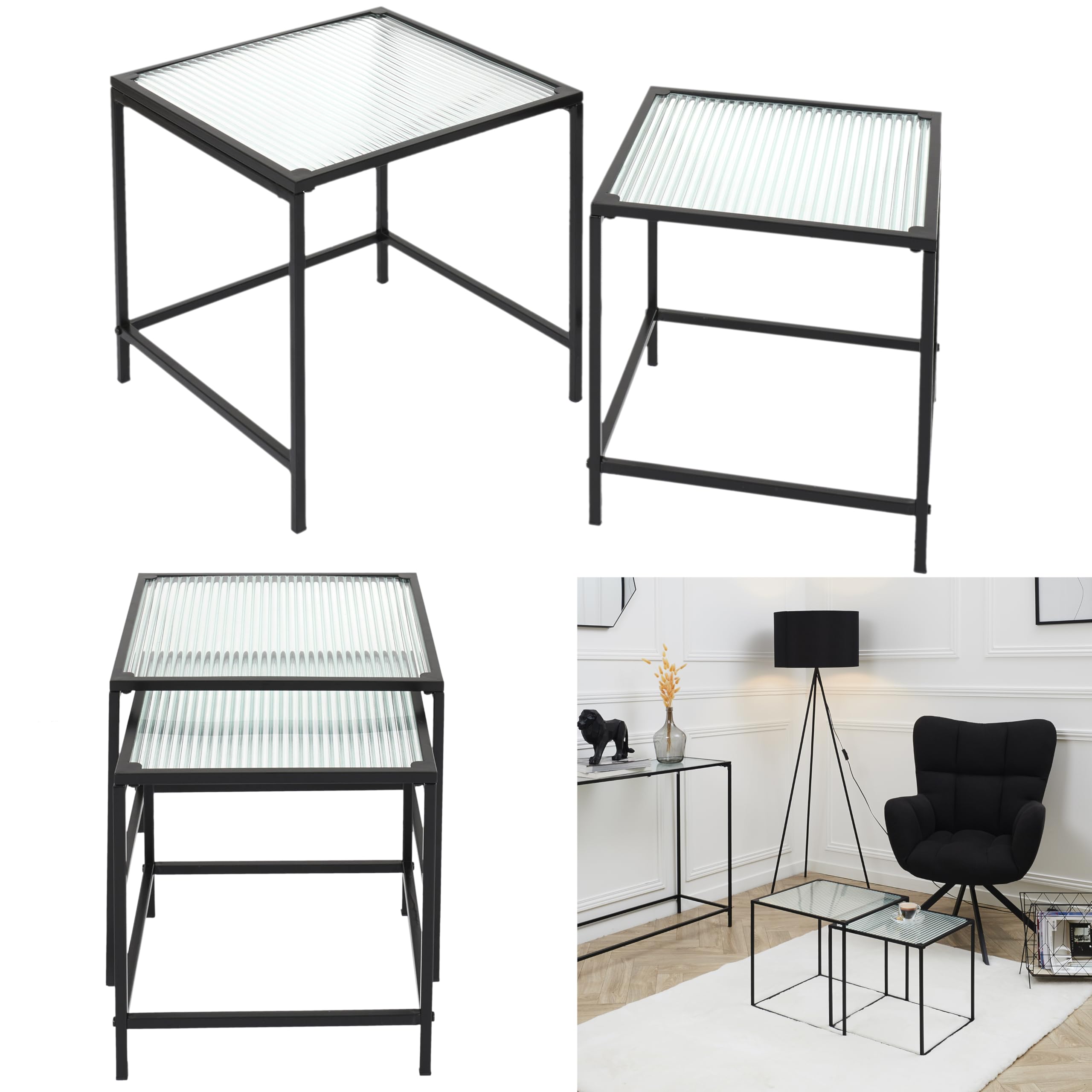 HOME DECO FACTORY - HD7195 Table Gigogne en Verre Trempé et Fer - Élégante et Moderne - pour Salon ou Chambre - Dimensions Grande 40 x 38 x 40 cm - Petite 35 x 35 x 35 cm - Couleur Noir