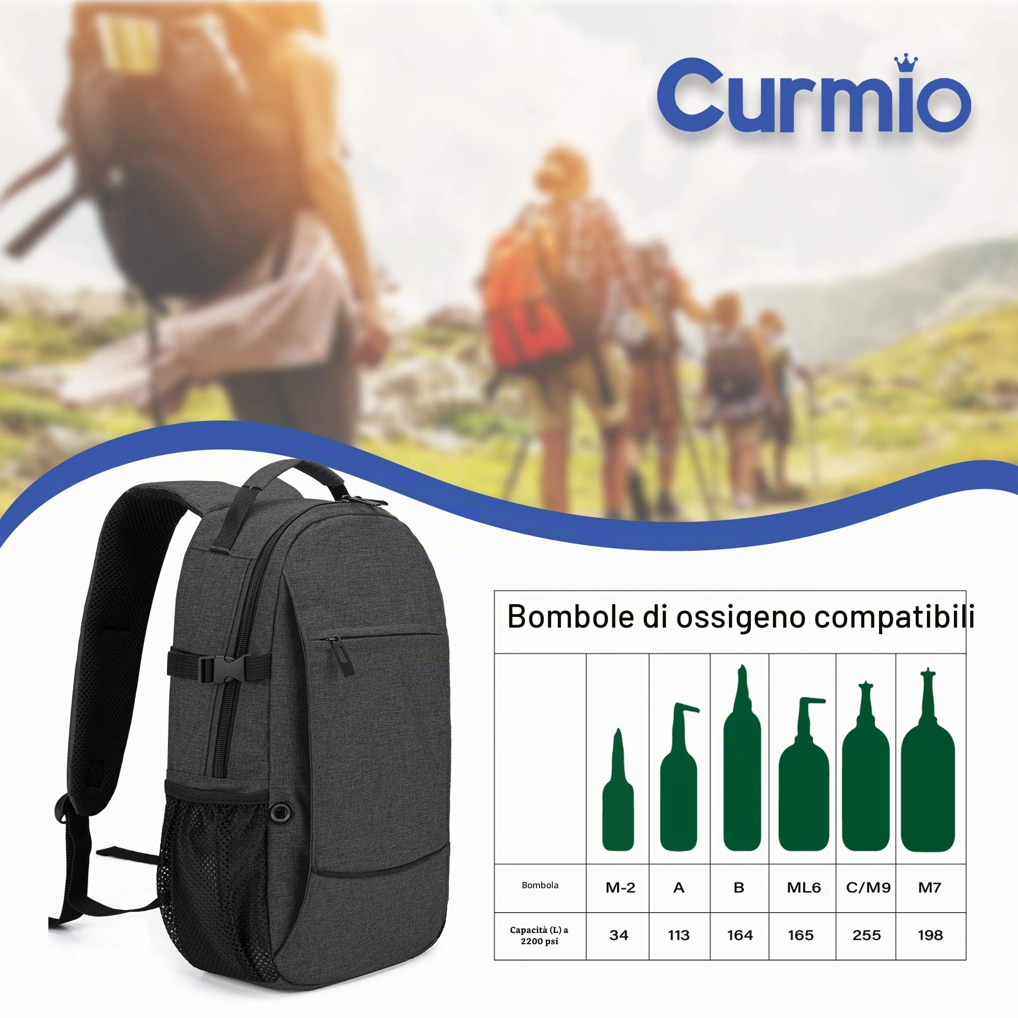CURMIO Zaino per bombole di ossigeno, borsa da trasporto per bombole di ossigeno,ideale per la base quotidiana, viaggi, adatto per bombole di dimensioni M2, M4/ A, ML6, M6 / B, M7, M9 / C,Nero
