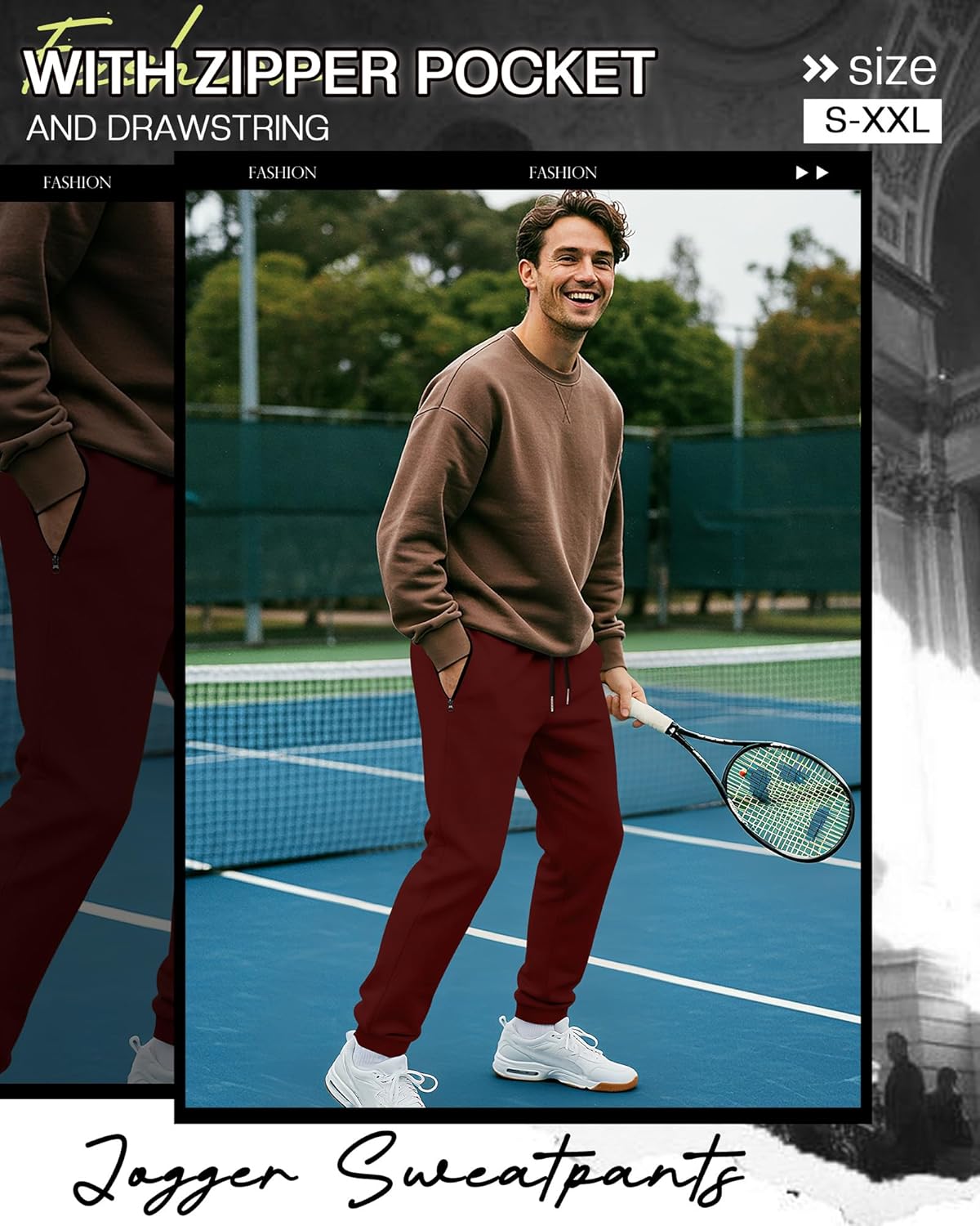 3 Pack Men's Joggers Zipper Sweatpants, Athletic Loose Fit Pants Drawstring for Gym Running Soccer with Pockets - Image 3