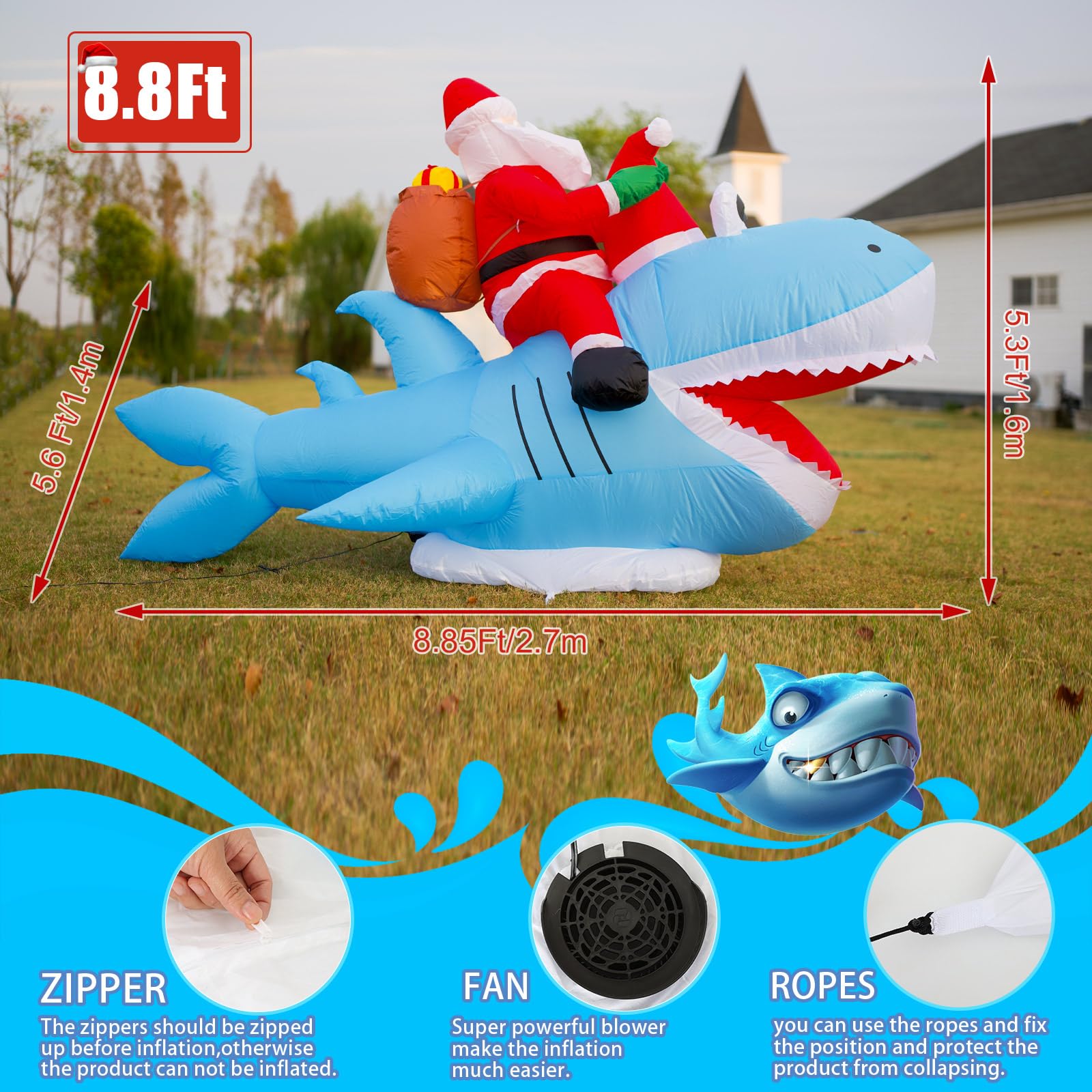 JOYHALO Christmas Inflatables Santa, 8.8 FT L Santa Riding Shark Inflatable, 5.3FT H Outdoor Christmas Blow Ups, Christmas Yard Decorations Outdoor Indoor Garden Lawn Xmas Decor