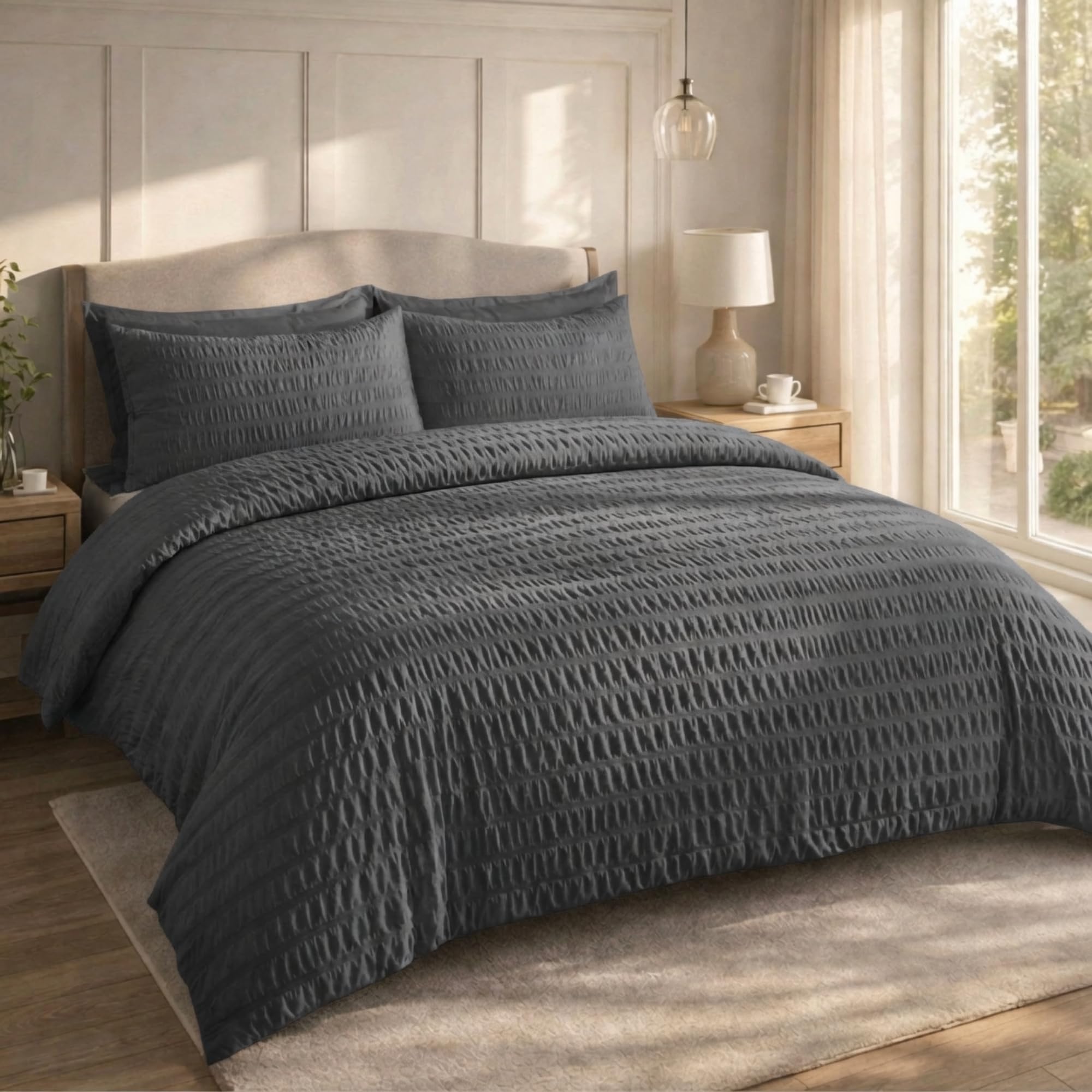 Q & H QUALITY HOUSEHOLD Q&H Bedding Charcoal Seersucker Duvet Cover Set Double with Pillowcase - Ultra Soft Brushed Microfiber Quilt Cover - Breathable, Textured, Easy Care, Machine Washable