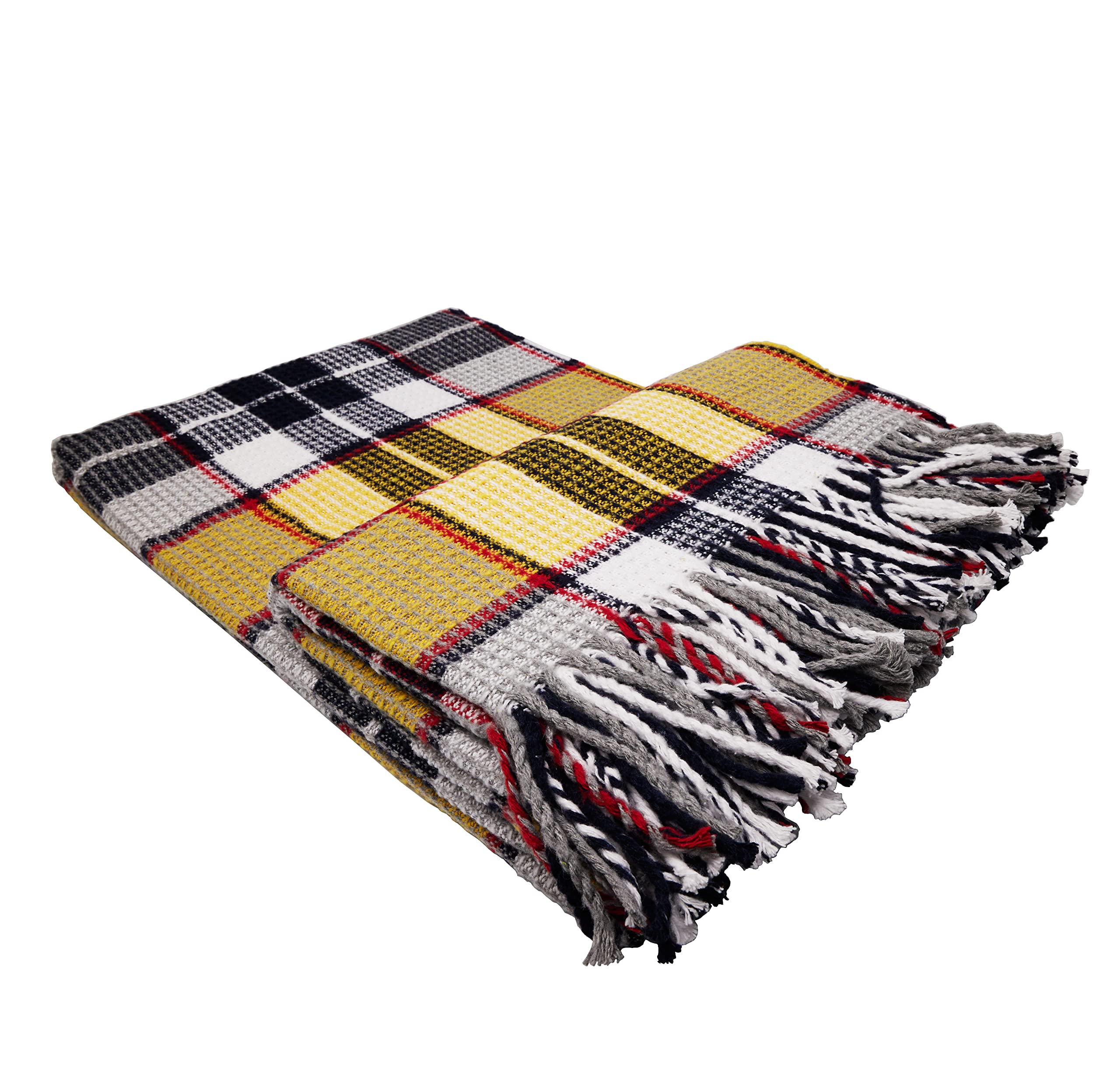 GLAESER Coperta Fair Deluxe Cotton All Seasons | Coperta di lana in 50% cotone, 30% poliestere, 20% acrilico, coperta per divano/divano, coperta in lana con bordo frange (blu/nero/grigio a quadretti