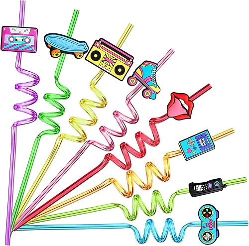 Pajitas de elementos retro de los años 90 para fiestas de regreso a los 90, suministros de decoración de fiesta con 2 popotes y cepillo de limpieza