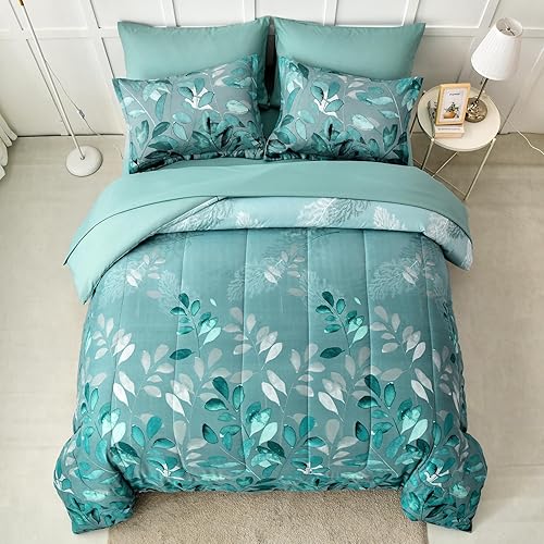 Miniatura 3 de Juego de edredón botánico verde tamaño Queen de 7 piezas de hojas florales verde azulado, cama reversible en una bolsa con juego de sábanas para