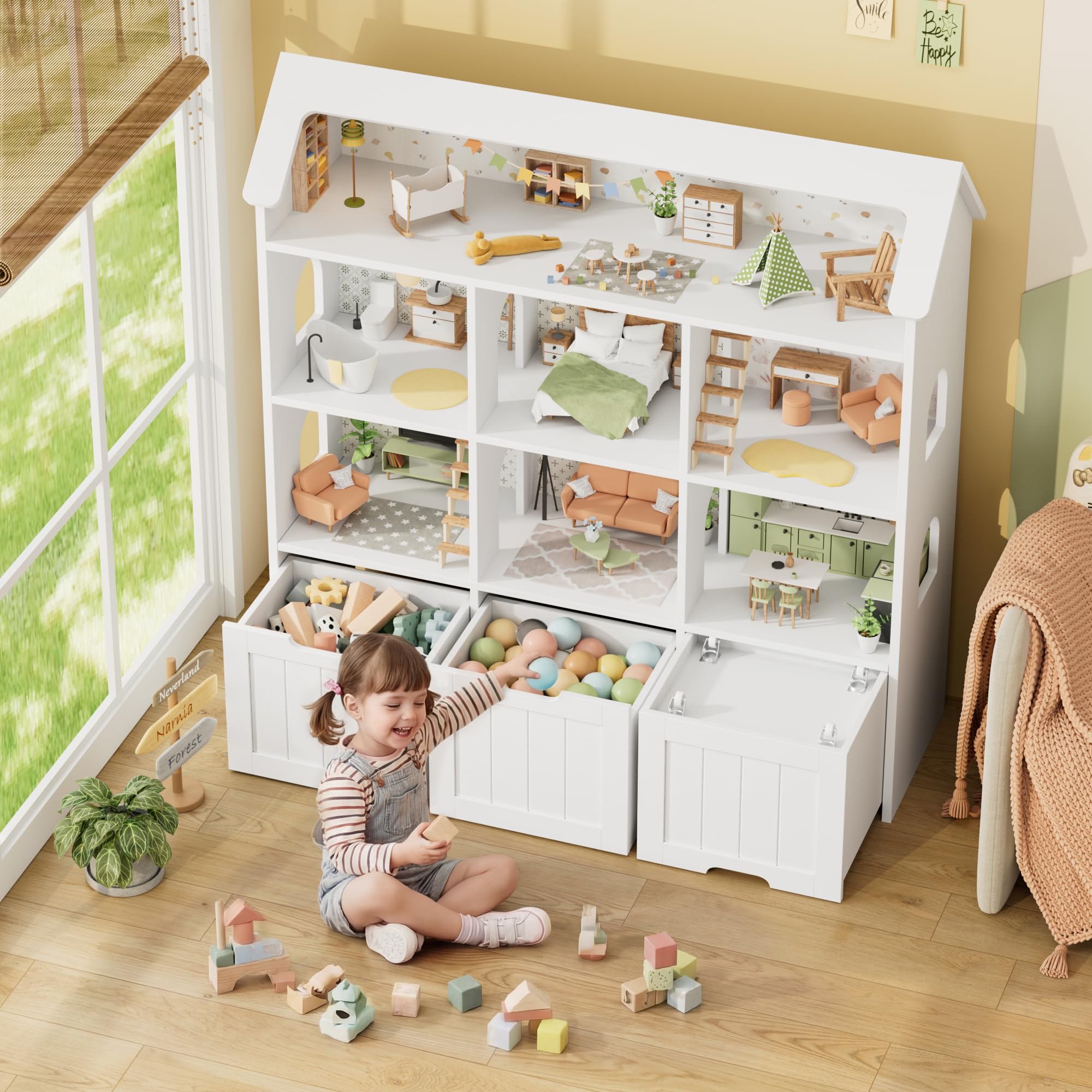 FOREHILL Kinderregal in Hausform, Bücherregal Kinder, Kinderzimmer Möbel | Kinderregal mit 3 Boxen auf Rollen, Kinderschrank Puppenhaus, Regal für Kinderzimmer, Kindergarten, 120x117,5x30cm