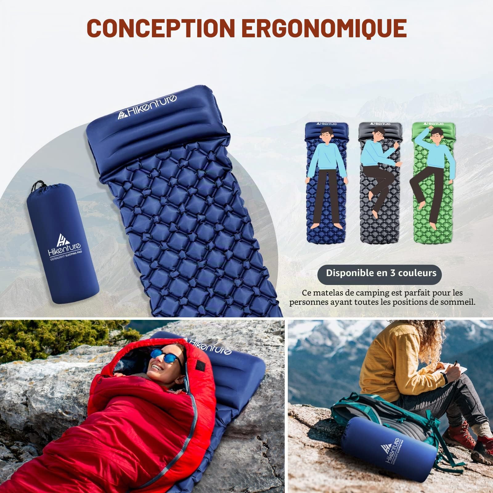 HIKENTURE Matelas de Camping et d'extérieur Ultra léger - Matelas Gonflable - Matelas Isolant Gonflable - Petit encombrement - Tapis de Couchage Ultra léger - pour randonnée, Trekking - Tapis de