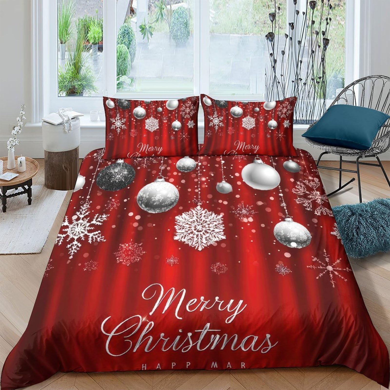 Ctjqhvkz Style-4 3D Printed Christmas Ornament Fitted Sheet Microfiber Red Snowflake Bed Cover For Bedroom Guest Room Decor Single（135X200cm）