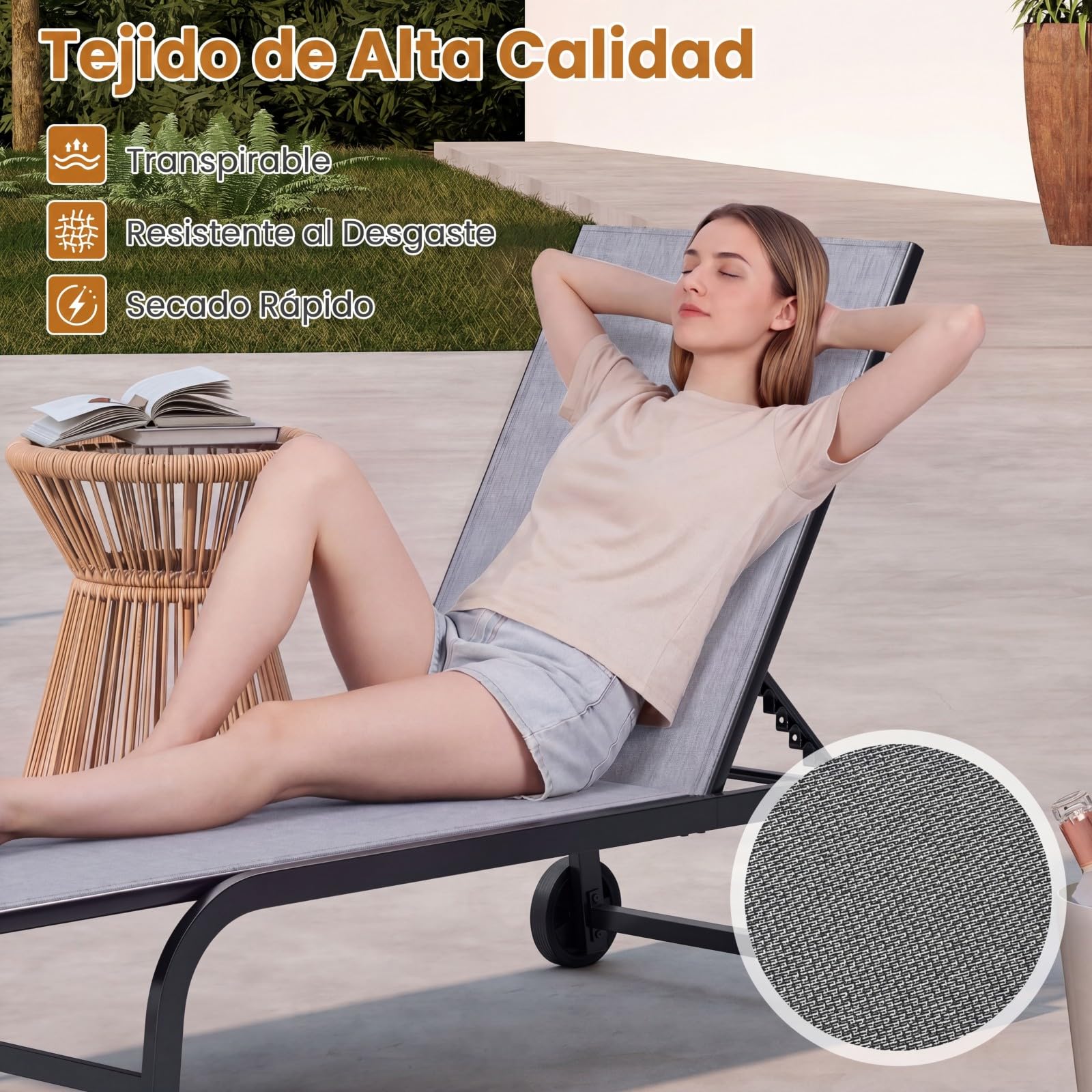 COSTWAY 2 Tumbonas Jardín Exterior con Ruedas, Textilene (Gris,2) | Tumbona Reclinable con Respaldo Ajustable en 6 Posiciones, Espreguiçadeira Jardim Terraza Picina Playa, Carga 150 kg