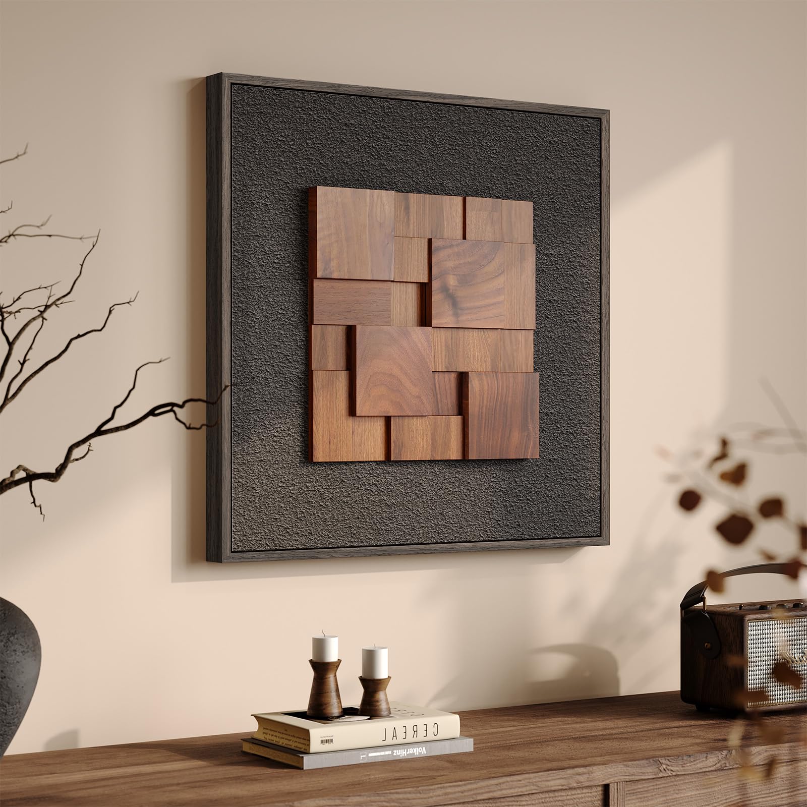 framed 3d textured wood wall art, modern minimalist black painting artwork for walls, vintage geometric natural wooden wall art decor for living room, hallway, dining room, bedroom, office, 24x24