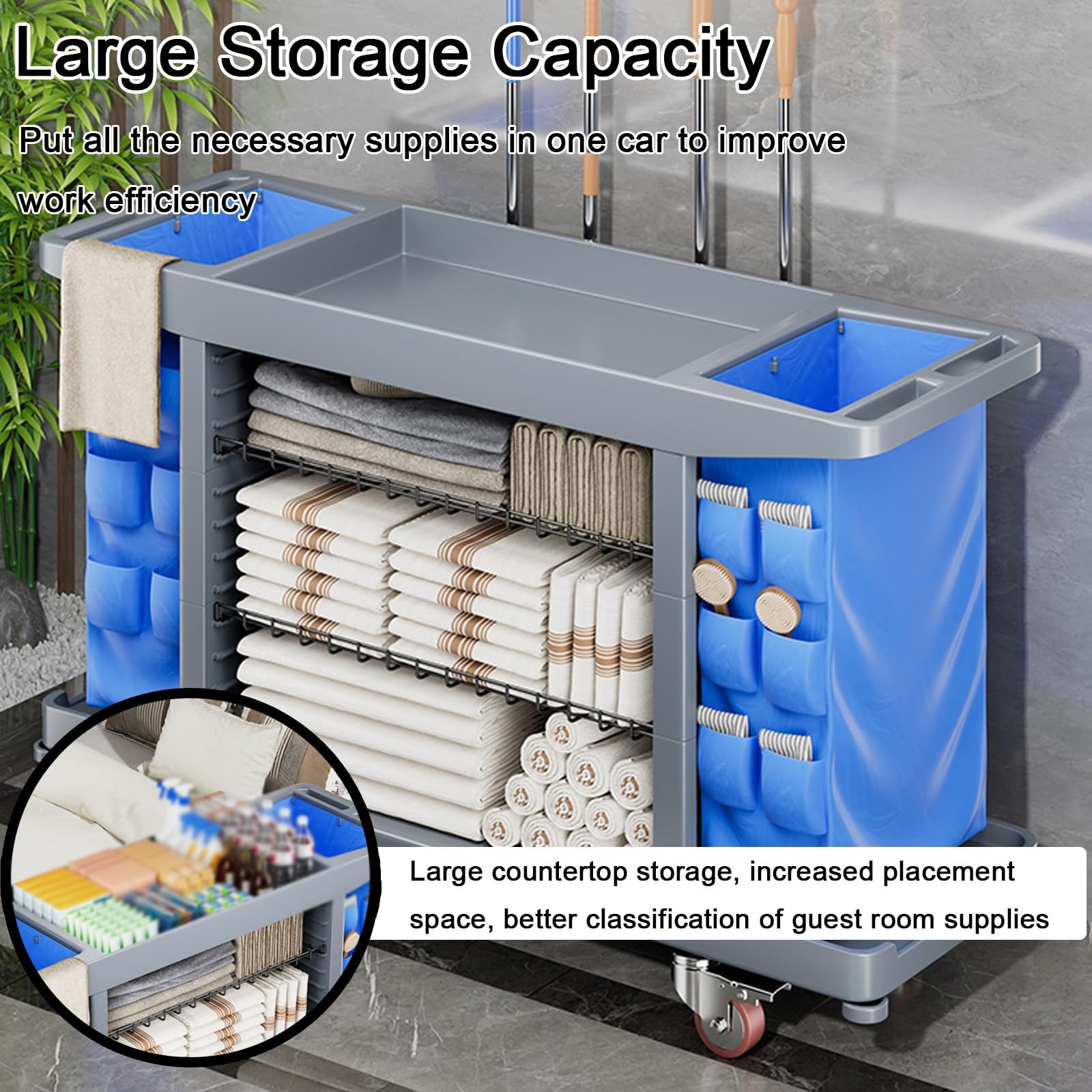 Carrello con Ruote Multiuso in Plastica, Carrello Pulizie Professionali e Grande capacità di Stoccaggio, per delle Camere degli Ospiti Dell'hotel