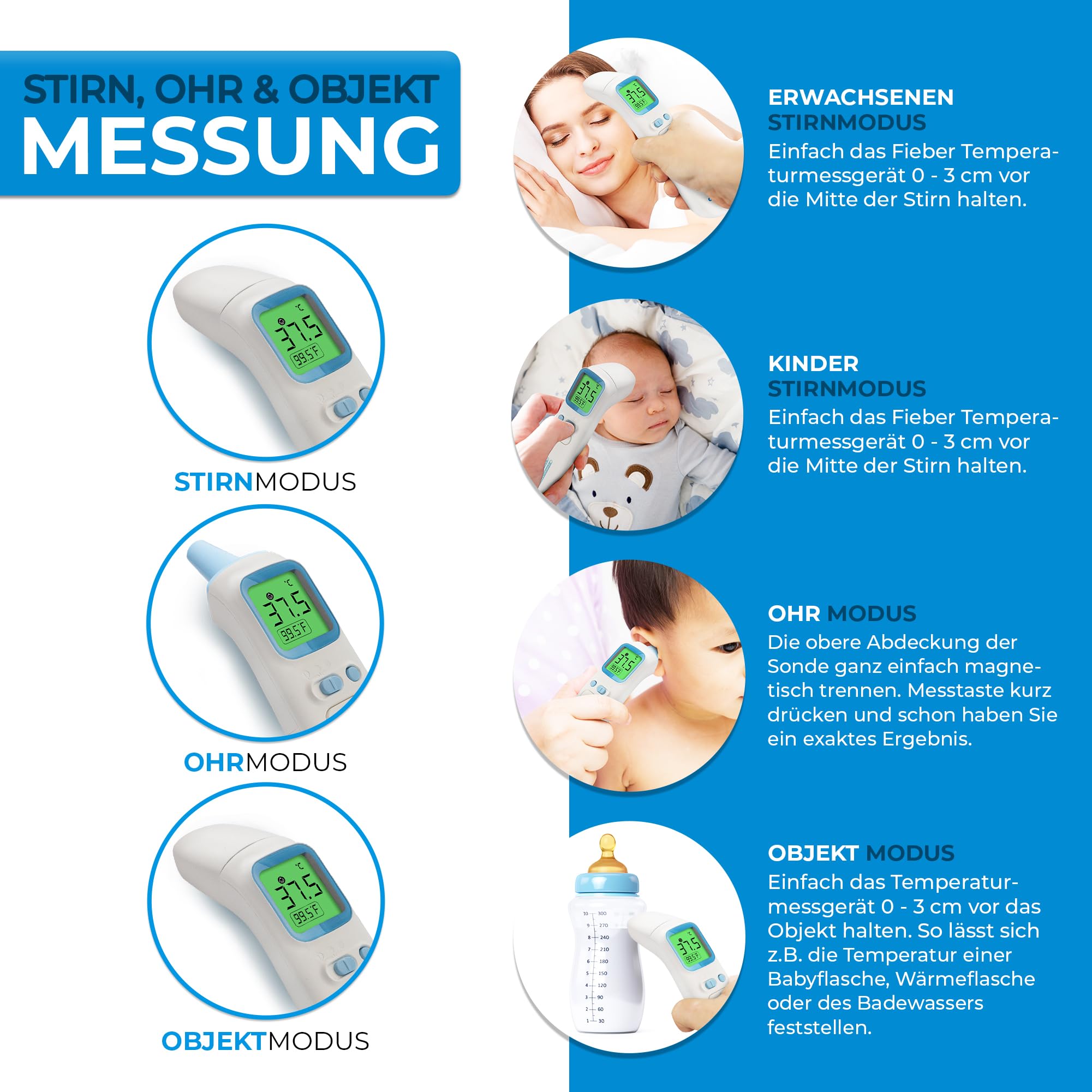 GRUNDIG Termómetro de fiebre ganador de la prueba – sin costes de seguimiento – Termómetro para bebés, niños y adultos, alta precisión, sin contacto y fiebre digital en la frente de la oreja y objetos
