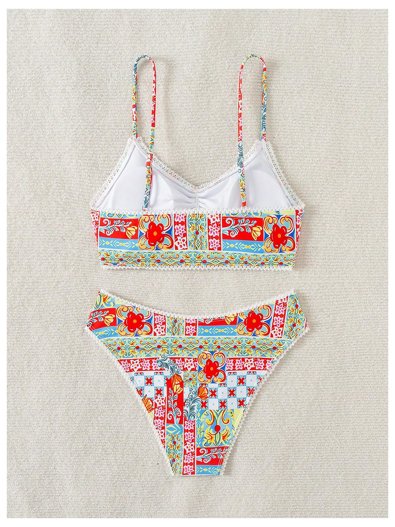 Damskie Boho Spaghetti Z Paskiem Kwiatowy Nadruk Marszczony Strój Kąpielowy Bikini 2-częściowe Stroje Kąpielowe Wielokolorowy Duży