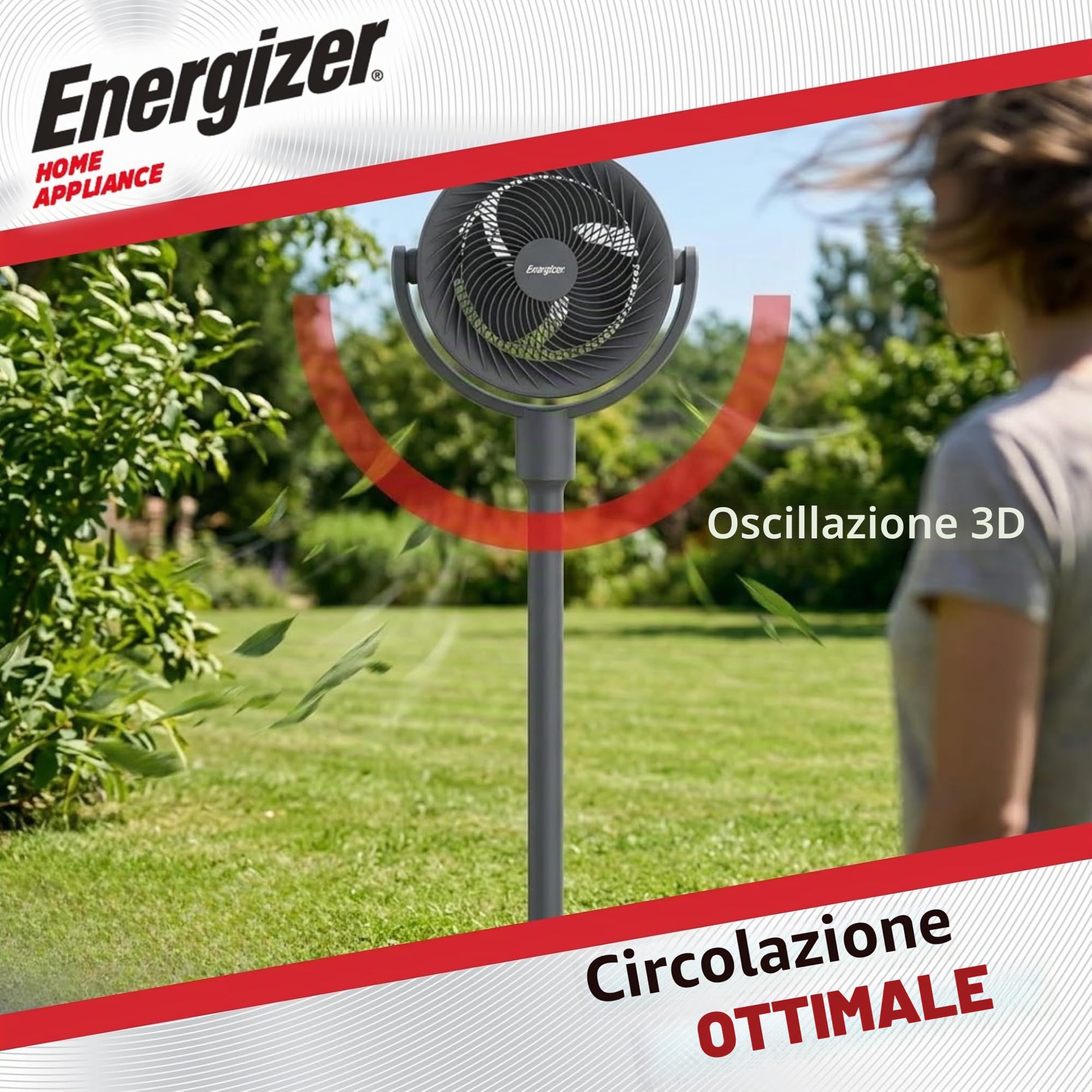 Energizer Ventilatore a Piantana Silenzioso 35 dB, 1017 m³/h, 9 Velocità, Oscillazione 90°, Portatile Ricaricabile 2400 mAh, Altezza 100 cm, Cavo USB Incluso, Per Ufficio e Camera, Grigio