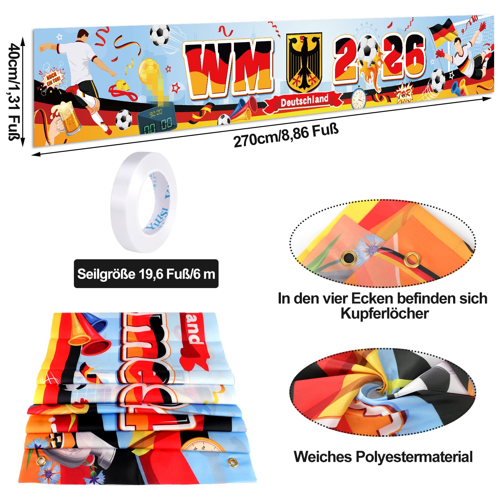 DPKOW Fußball 2026 WM Banner Deko für Deutschland Fanartikel Accessoires Mannschaft Deutschland Flaggen Banner für Nationalmannschaft Fan Deko Mannschaft, 270 * 40cm - 3