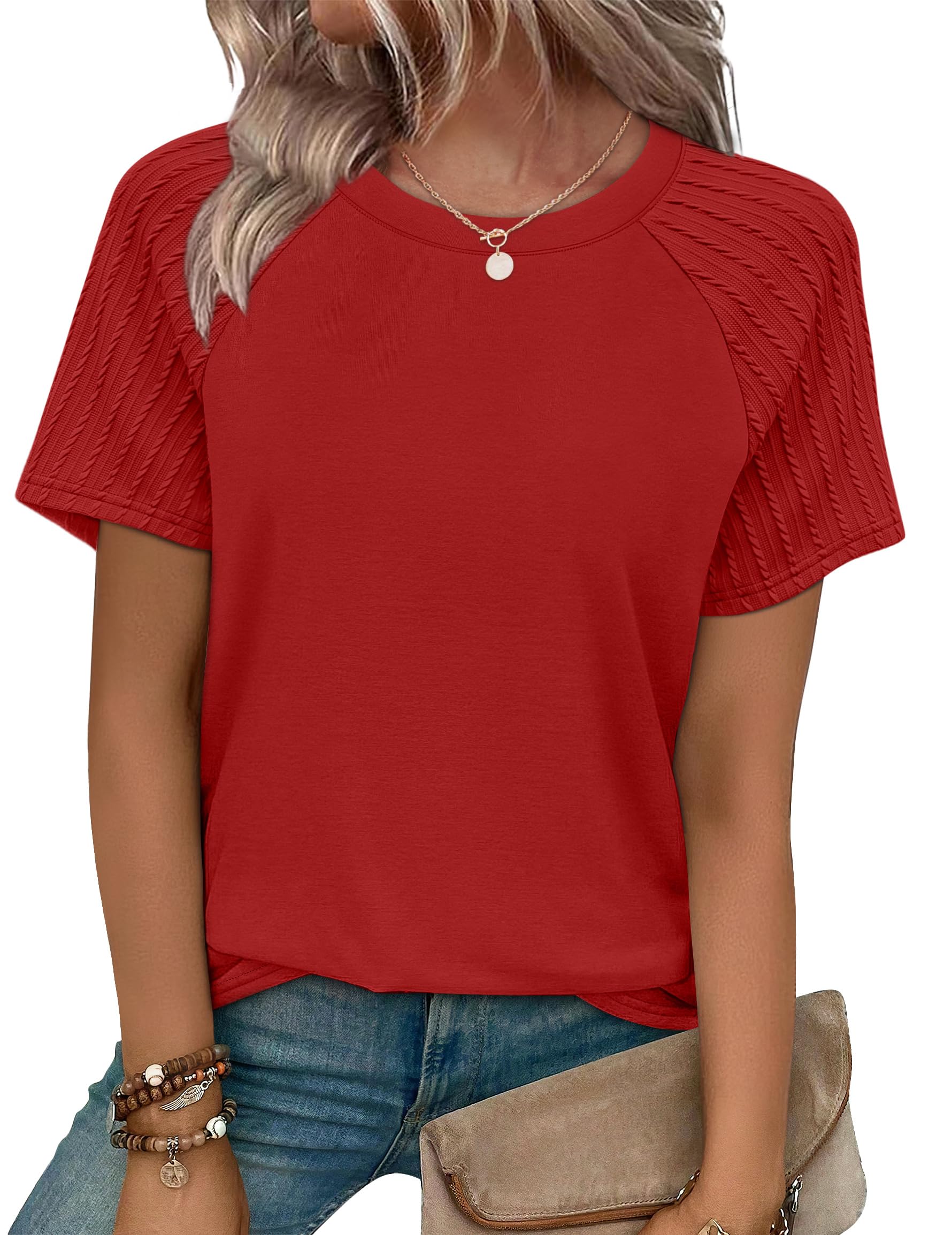 WIHOLL Summer Tops for Women 2026 Trendy Short Sleeve Shirts Crew Neck Tops Curved Hem Fashion Clothing