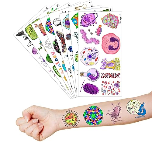 Miniatura 8 de (96 piezas) Divertidos tatuajes temporales para estudiantes de ciencias de biología, suministros de fiesta temática de cumpleaños, decoraciones de