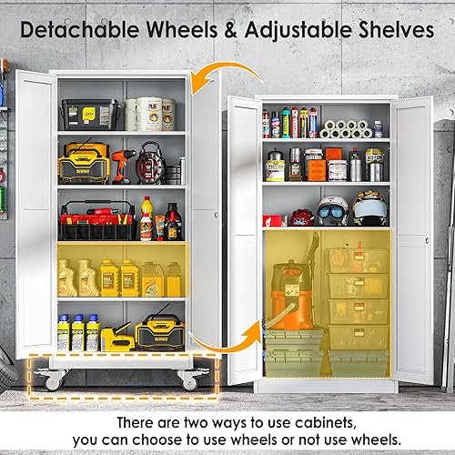 Miniatura 4 de Armario de almacenamiento de garaje de metal de 71 pulgadas de alto con ruedas, archivadores de acero con 2 puertas y 4 estantes ajustables para