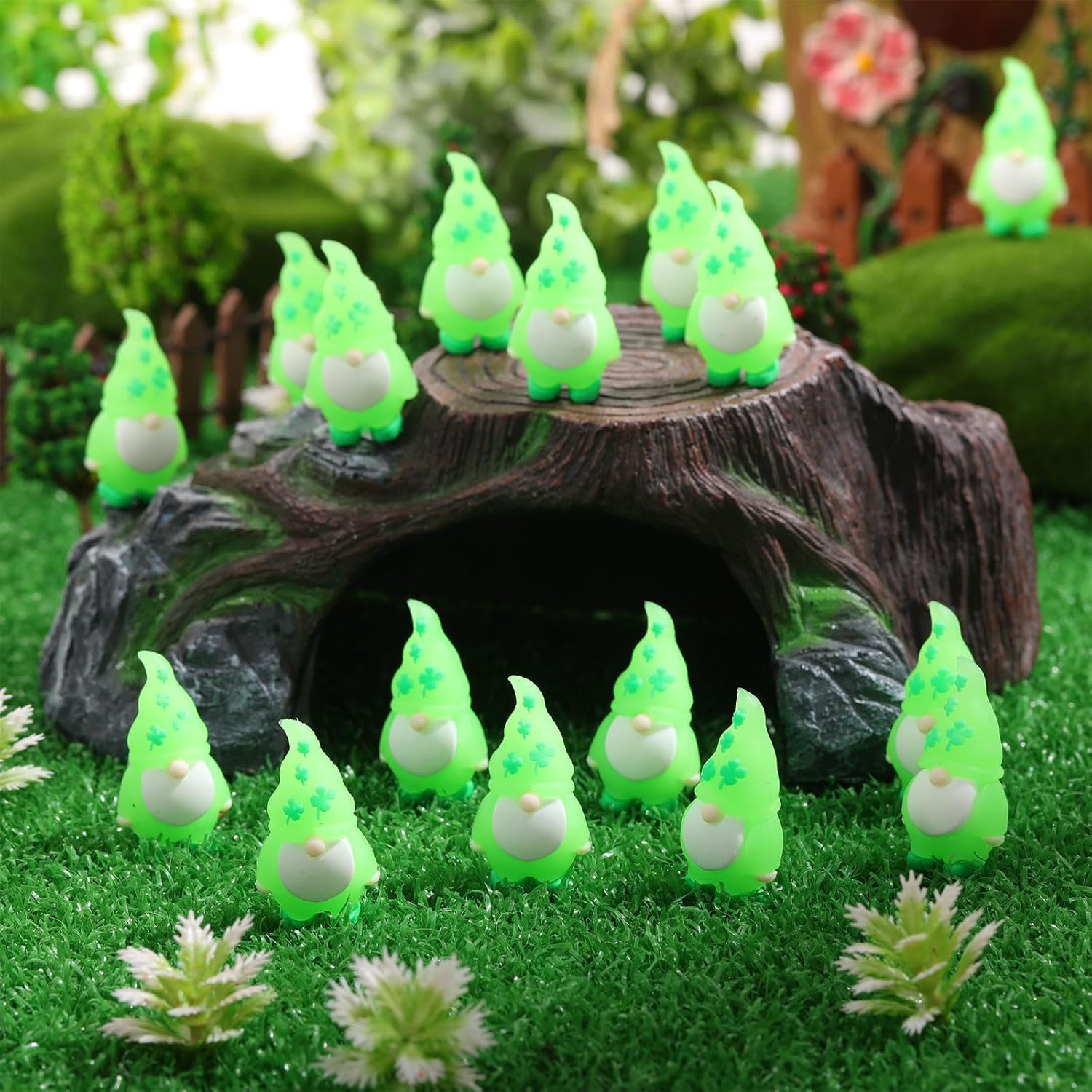 DoubleFill 60 Pcs Luminous St. Patrick's Day Mini Gnomes Figures Tiny Gnomes Figurines for St. Patrick's Day Gift Small Gnome to Hide Rubber Gnome Statues for St. Party Favors Accessories
