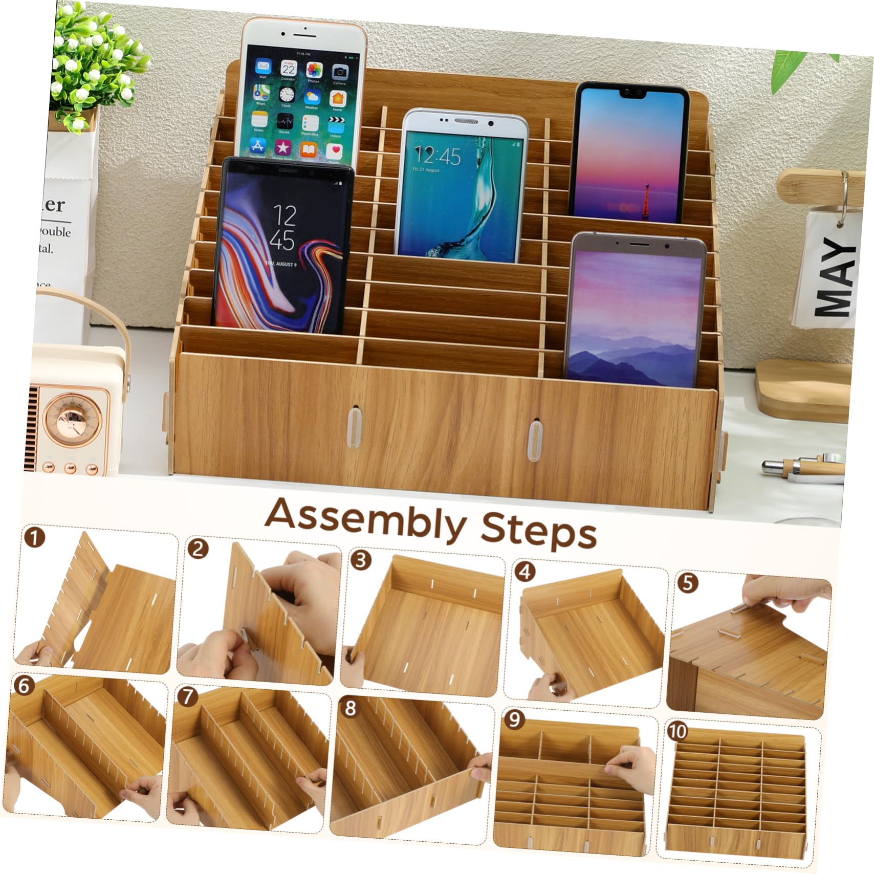 Veemoon Organizer Legno Multi Cellulari Scatola Contenitore Portaoggetti da Scrivania Utile per Scuola e Ufficio